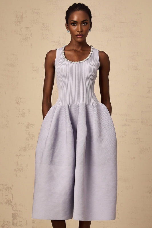 A purple ribbed knit midi dress with embellishments named Aida