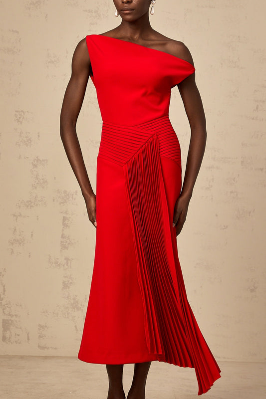 A red asymmetric draped midi dress with the name Laurine featuring an uneven hemline and elegant draping details