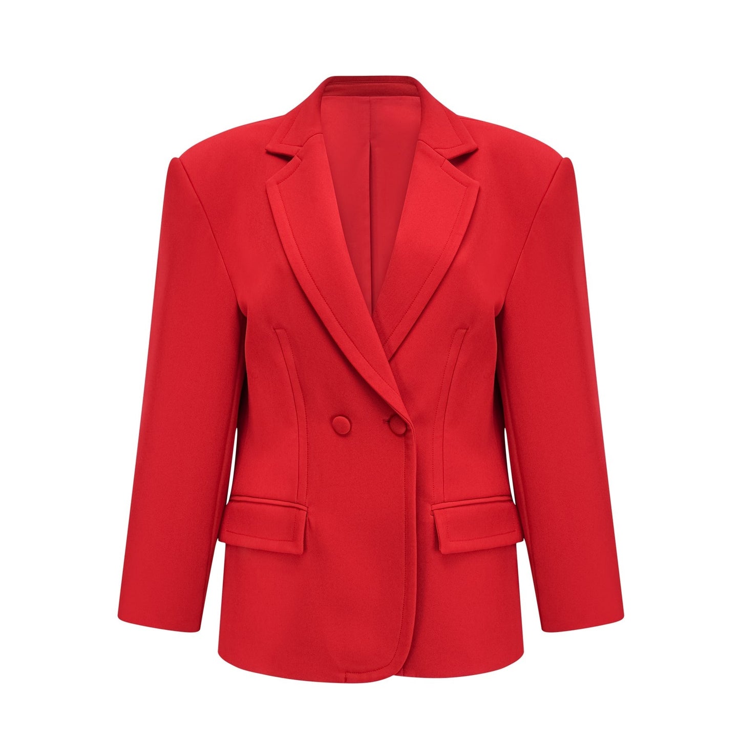 A red blazer with hourglass silhouette and doublebreasted front closure