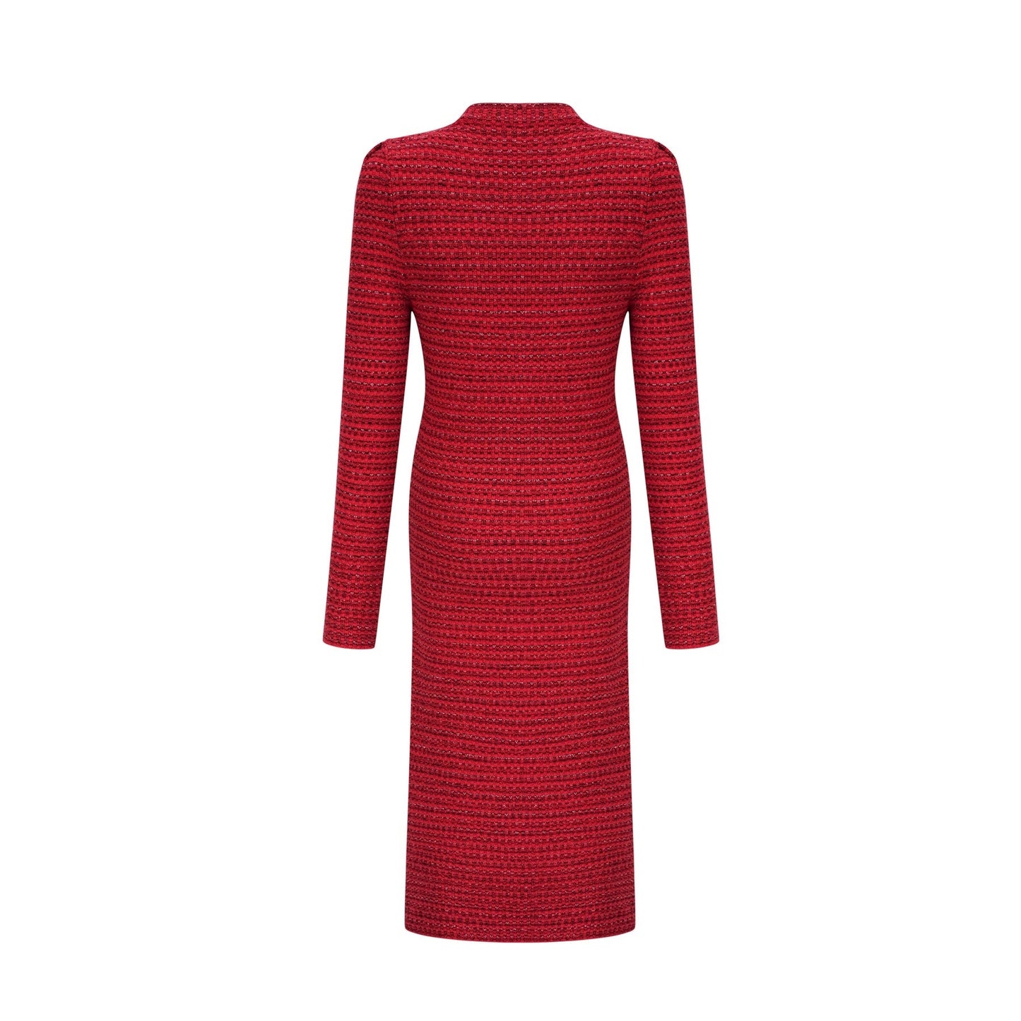 A red knitted midi dress with embellishments named Faustine featuring a form fitting silhouette and textured details