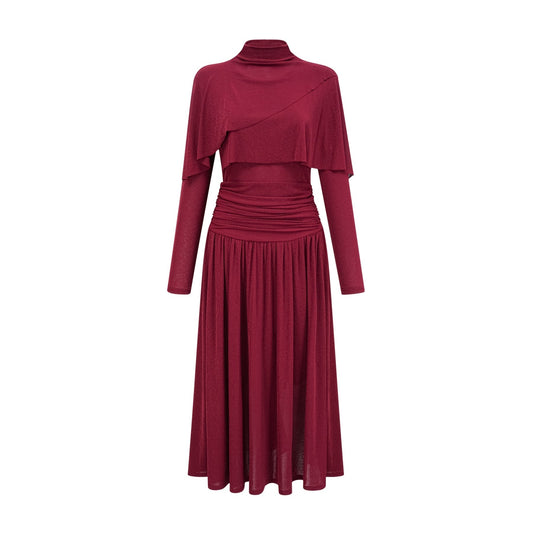 A red midi dress with ruched detailing and a flap design called Camille