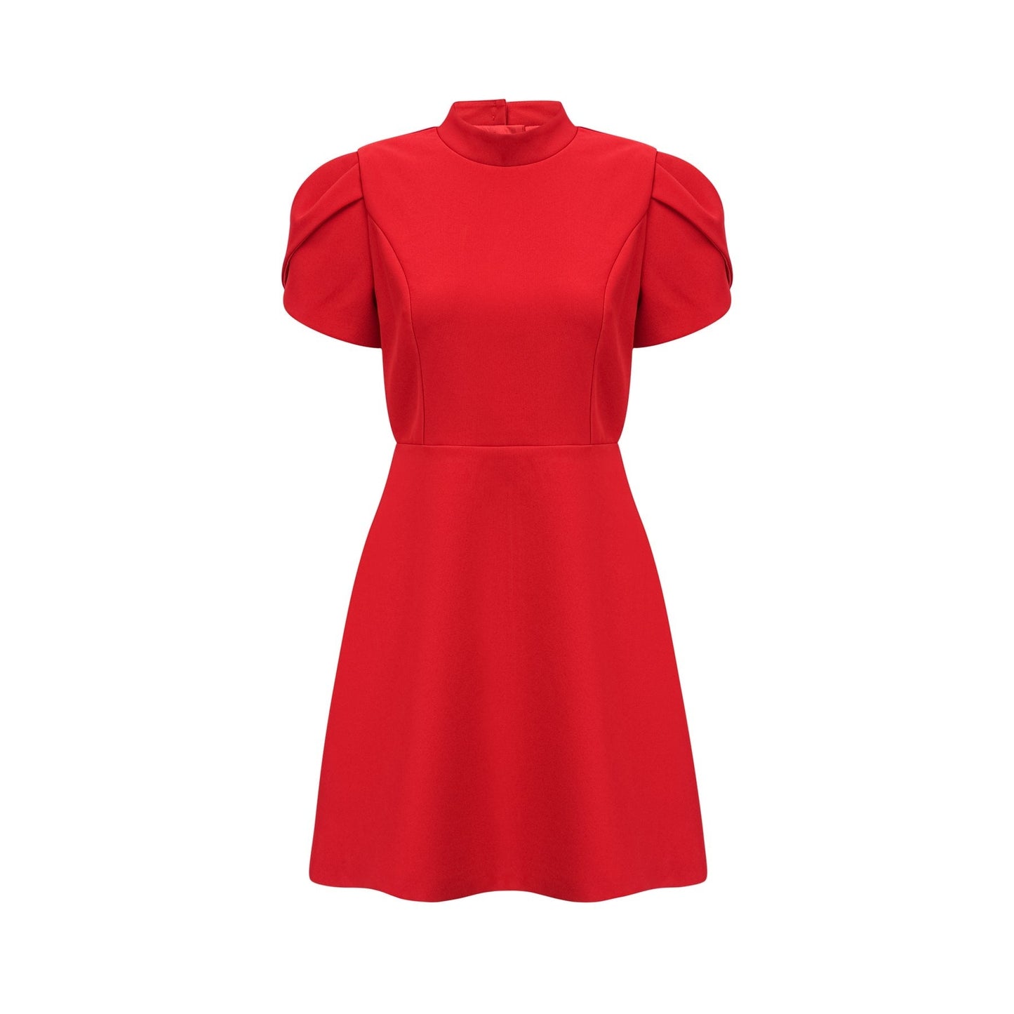 A red mini dress with petal sleeves and a cutout design featuring a bow detail