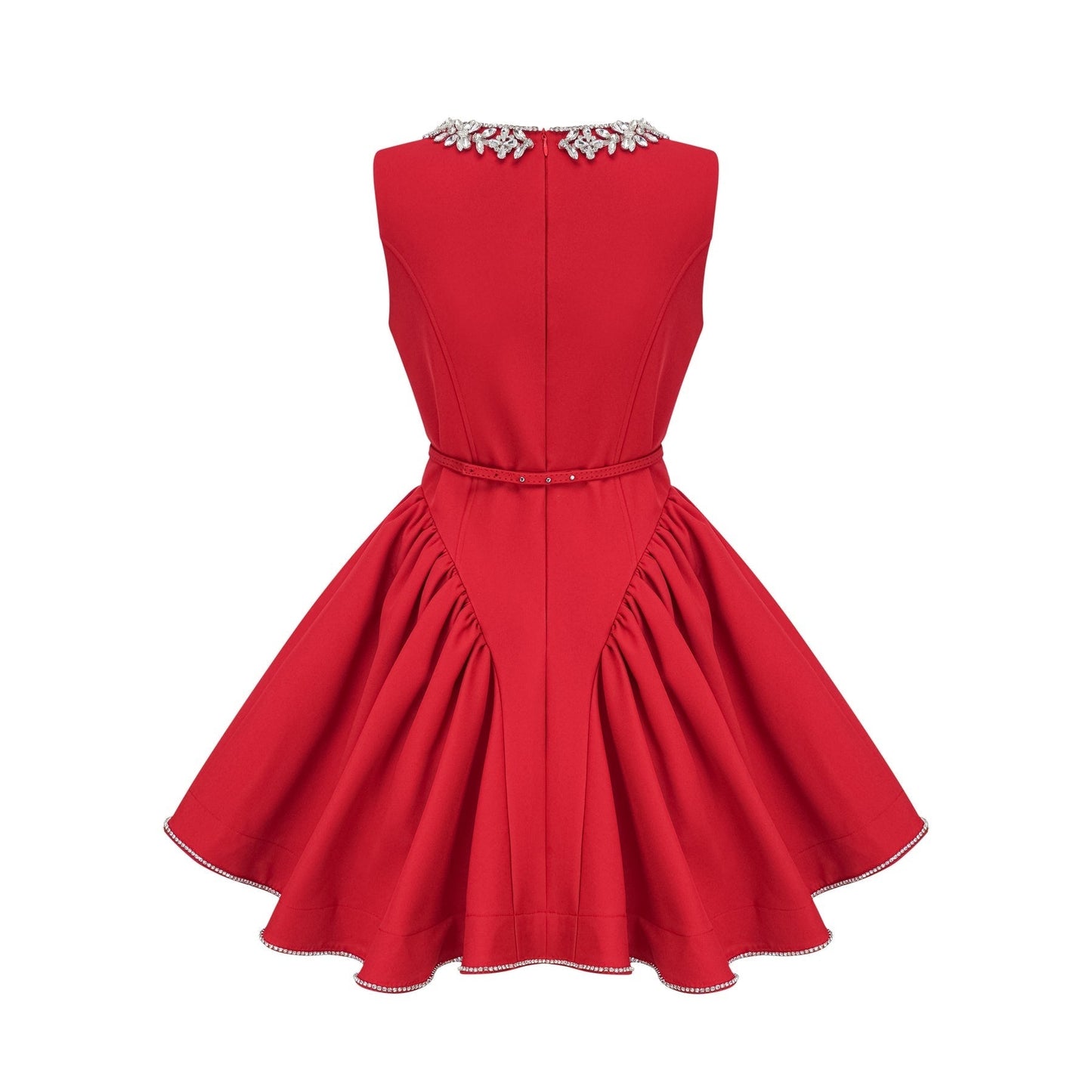 A red mini dress with pleated details and embellishments named Leonie