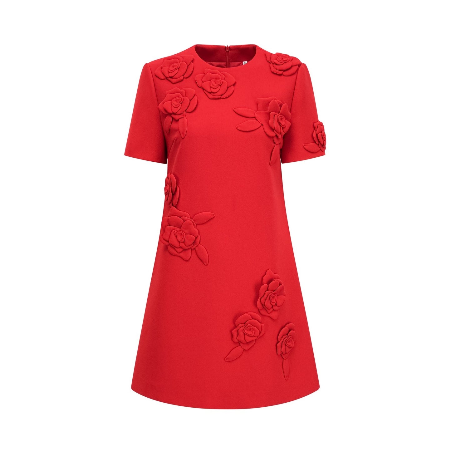 A red mini dress with short sleeves featuring floral details named Calista