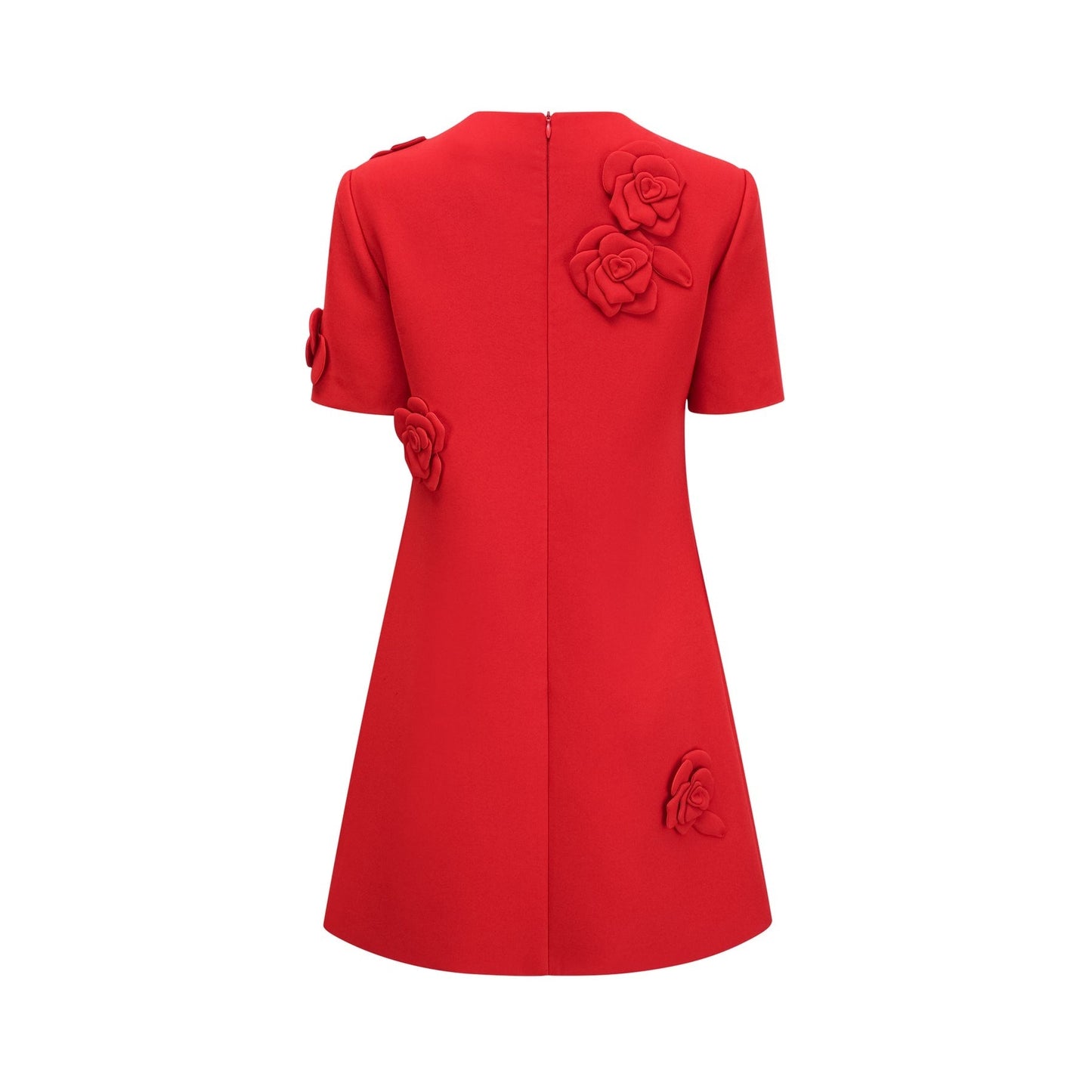 A red mini dress with short sleeves featuring floral details named Calista