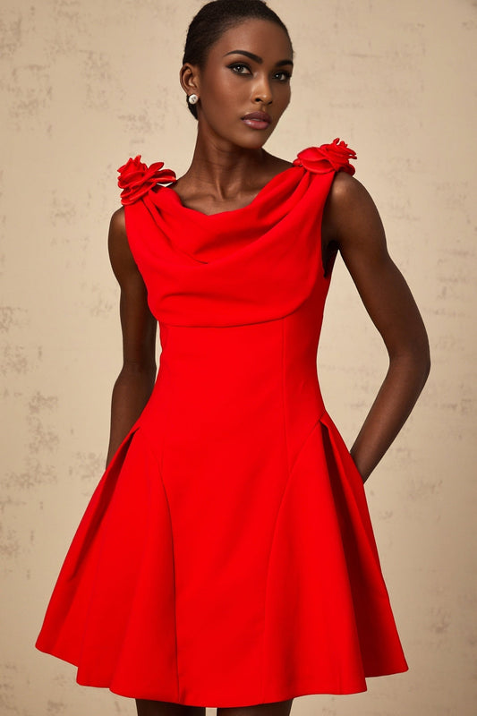 A red sleeveless mini dress with faux flower embellishments named Sabine