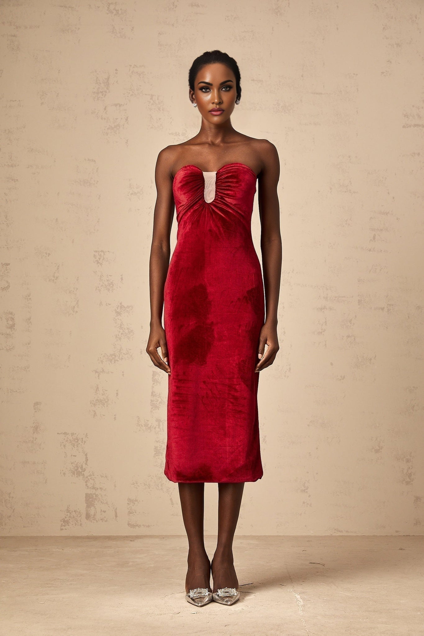 A red velvet midi dress with gathered details named Tiphaine