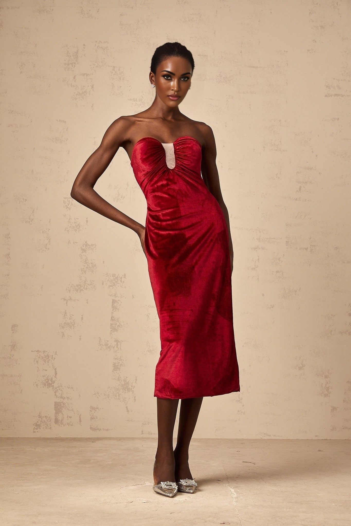 A red velvet midi dress with gathered details named Tiphaine