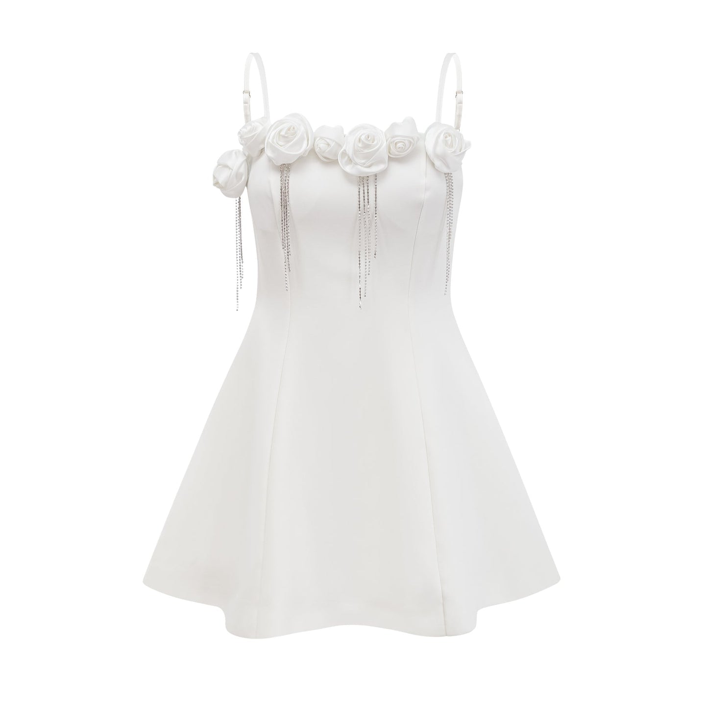 A sleeveless white dress with spaghetti straps faux floral and crystal embellishments Aline skirt rear zip fastening mini length 67% Polyester 33% Cotton
