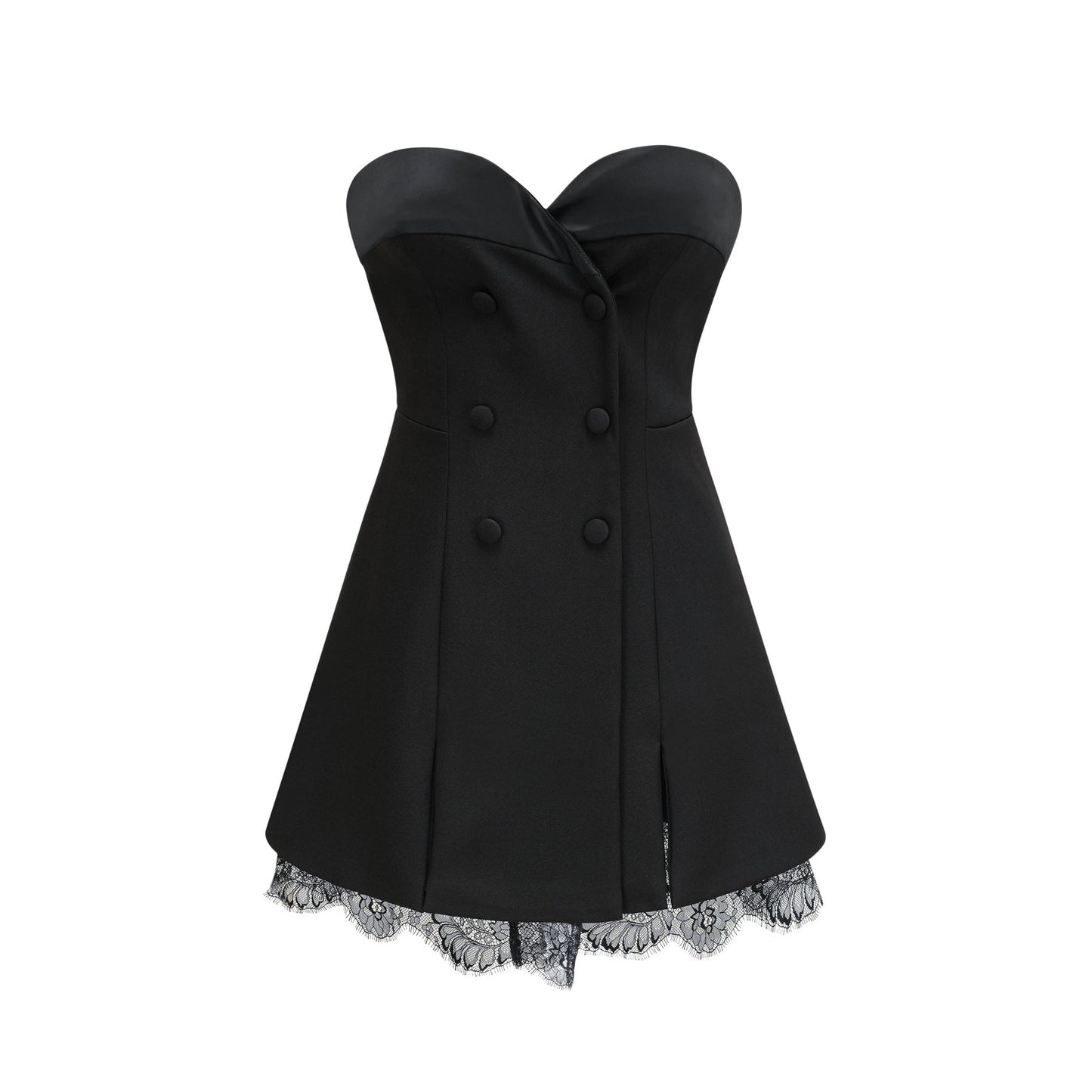 Black bustier dress with sleeveless design front doublebreasted buttons cinched waist lacedetail trim and rear zip fastening 100% Polyester