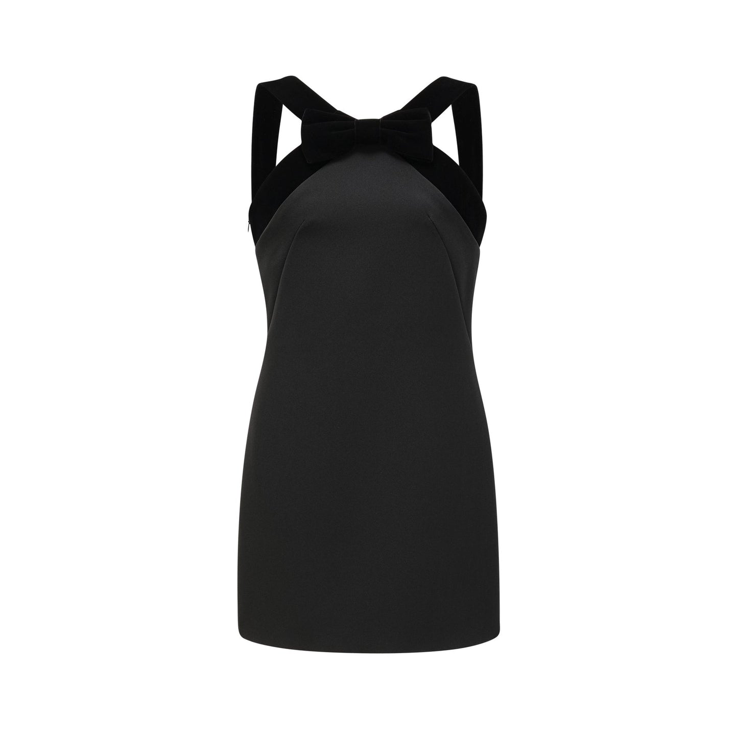 Black sleeveless wool dress with velvet trim bow detailing low back % Straight hem thigh length composed of 70% Terylene 22% Viscose 8% Spandex