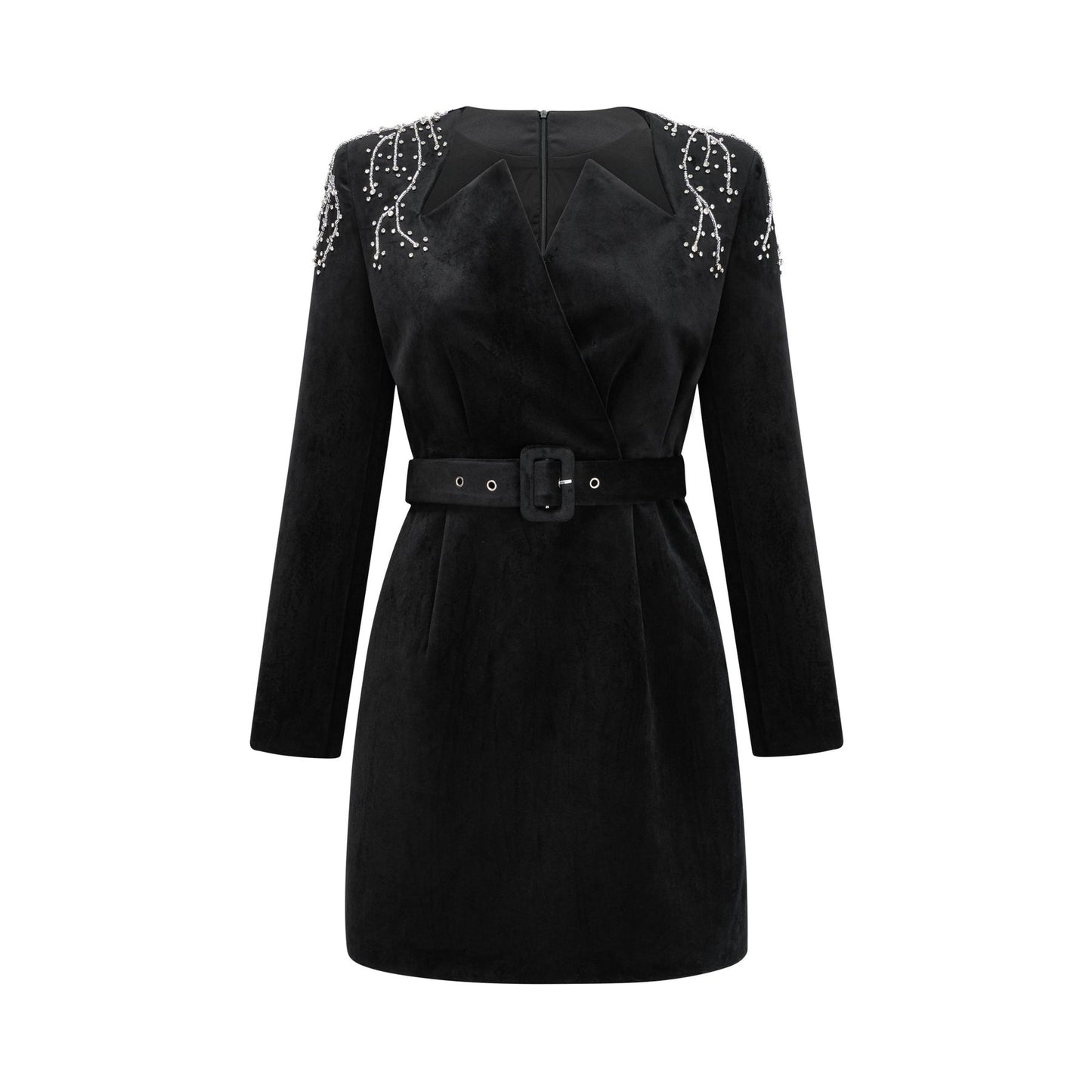 A short black velvet mini dress with crystal embellishments named Emilie