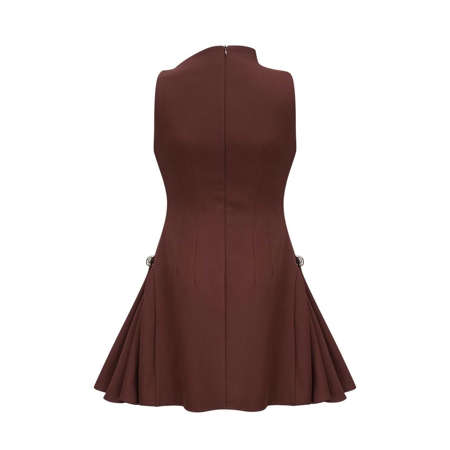 A short brown dress with an asymmetric neckline and puff sleeves in a mini length featuring a fitted silhouette named Dora