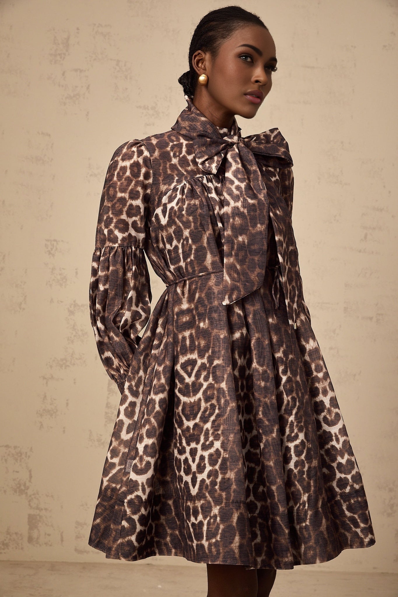 A short brown leopard print dress with a bow detail and a mini length