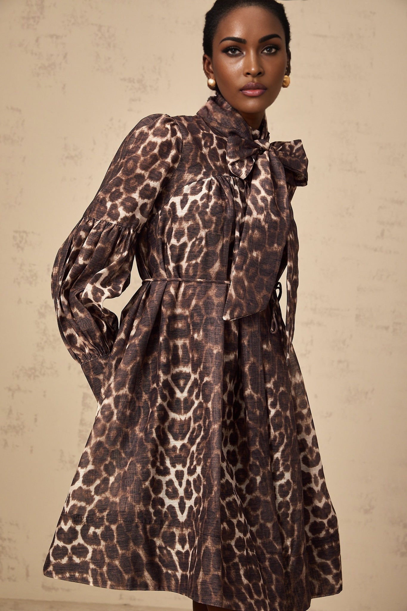 A short brown leopard print mini dress with a bowknot detail and xylene inspired design