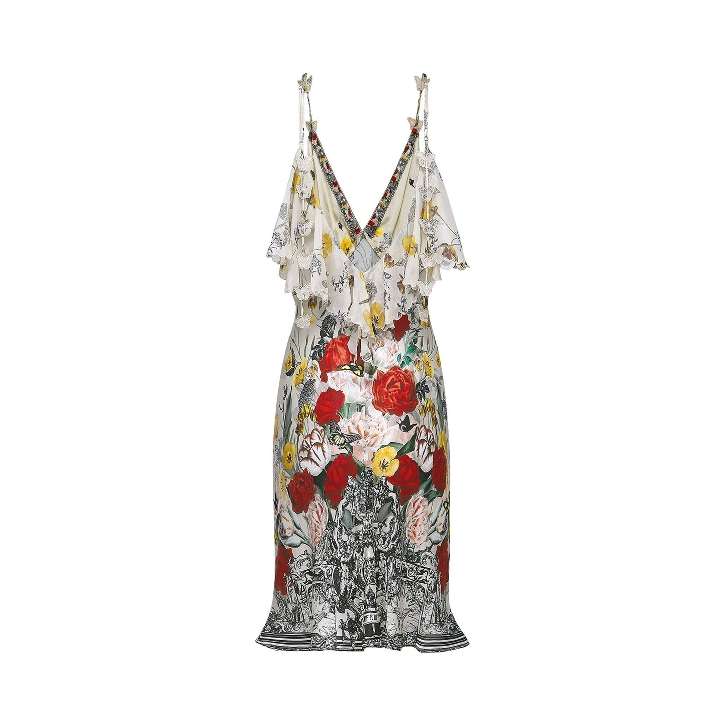 Butterfly motif and floral print dress in soft neutrals with colorful accents V neck sleeveless spaghetti straps flared skirt playful mini length made of luxurious silk