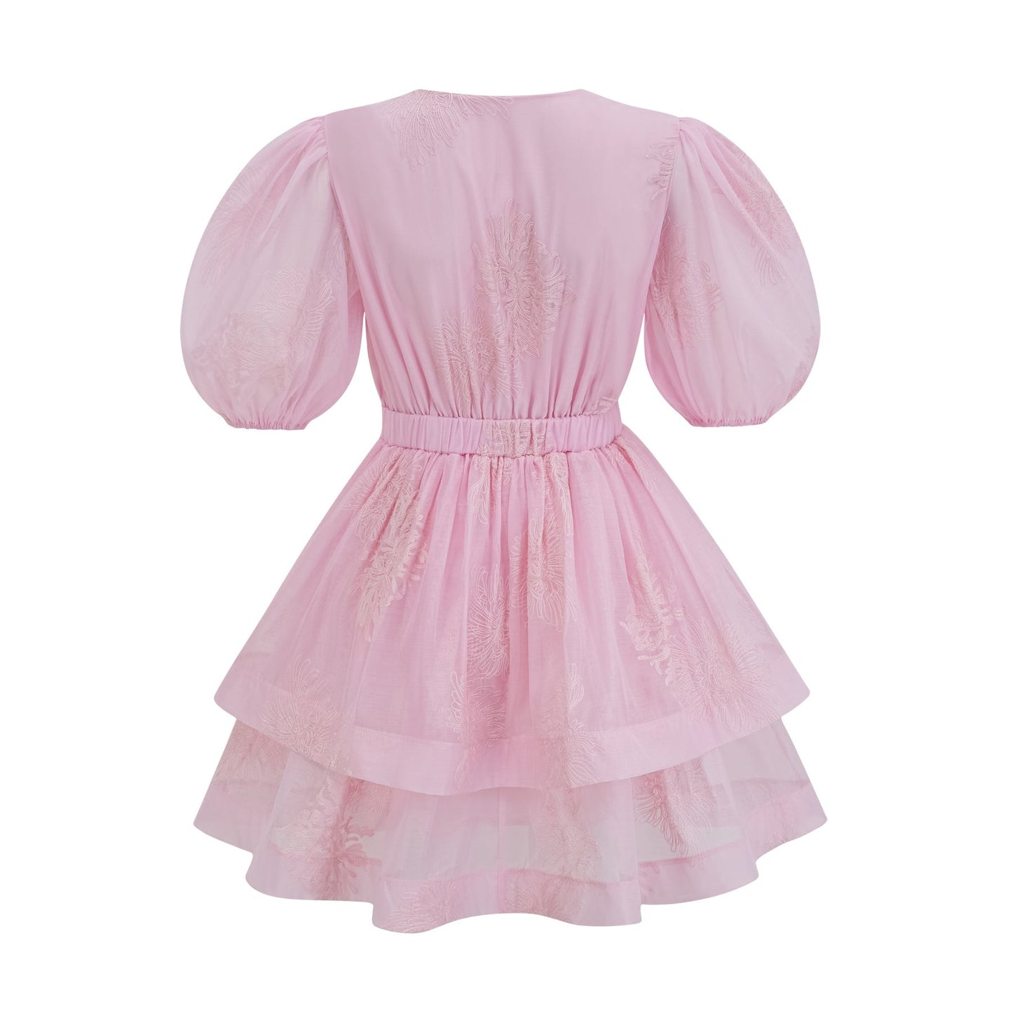 A short pink dress with floral embroidery and layered skirt featuring a feminine design and delicate details