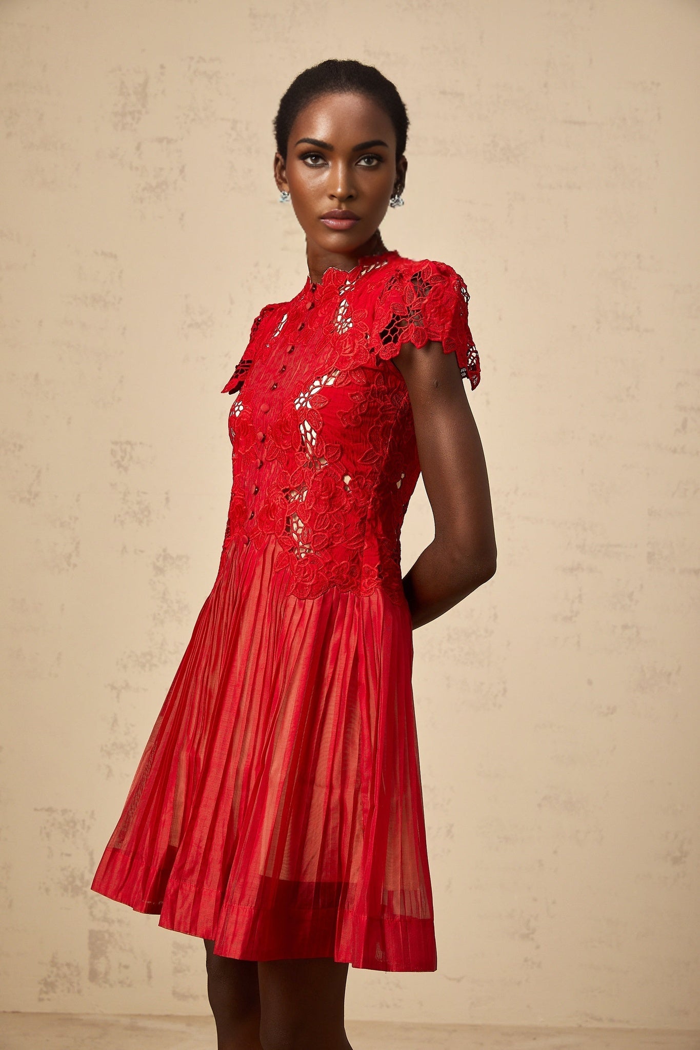A short red mini dress with a pleated skirt and floral embroidery details named Corinne