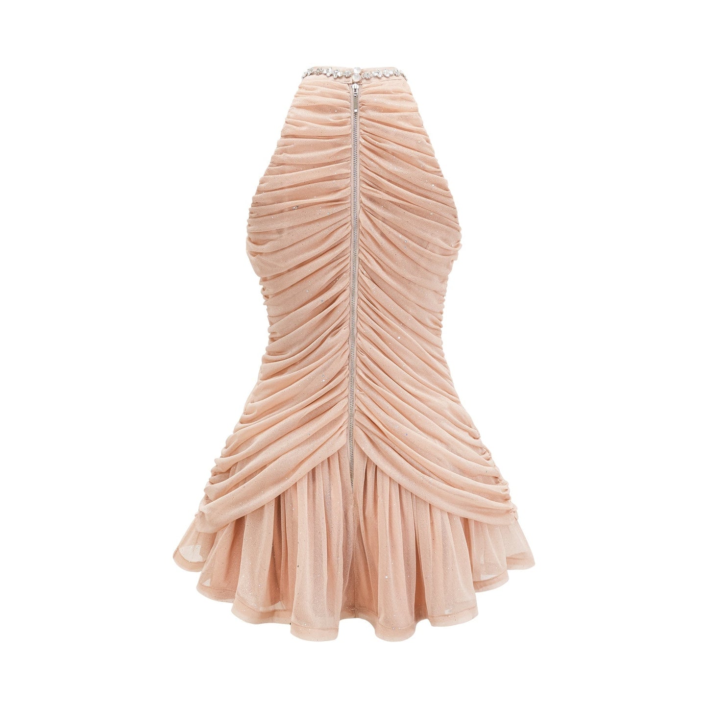 Crystal embellished dress with ruched detailing round neck and flared skirt