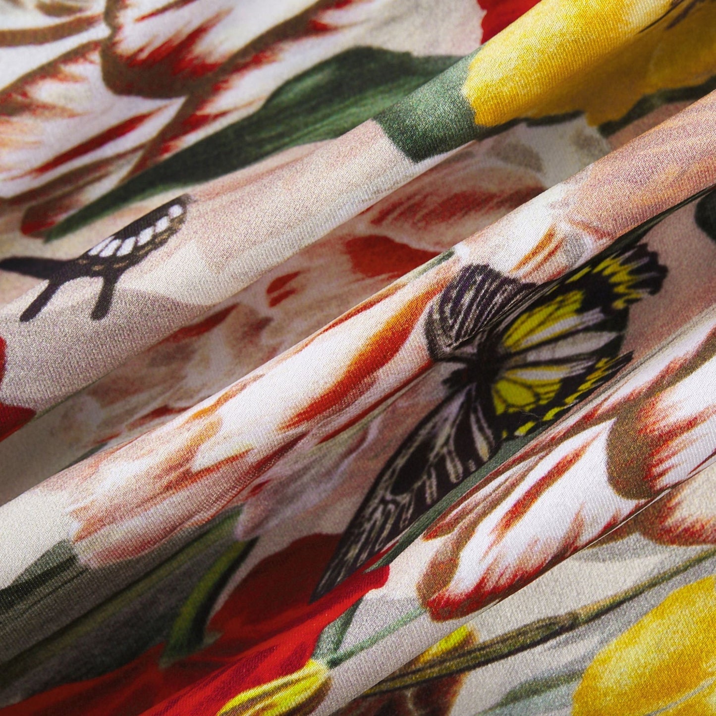 Neutrals with multicolor accents Vneck sleeveless butterfly motif floral print mini length silk fabric