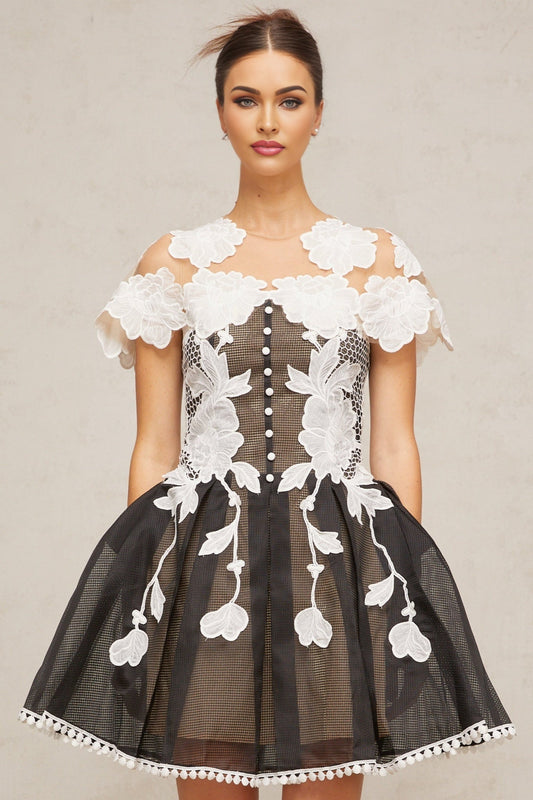 A short sleeveless dress with colorblocked sections and floral embroidery details featuring a mini length and feminine silhouette