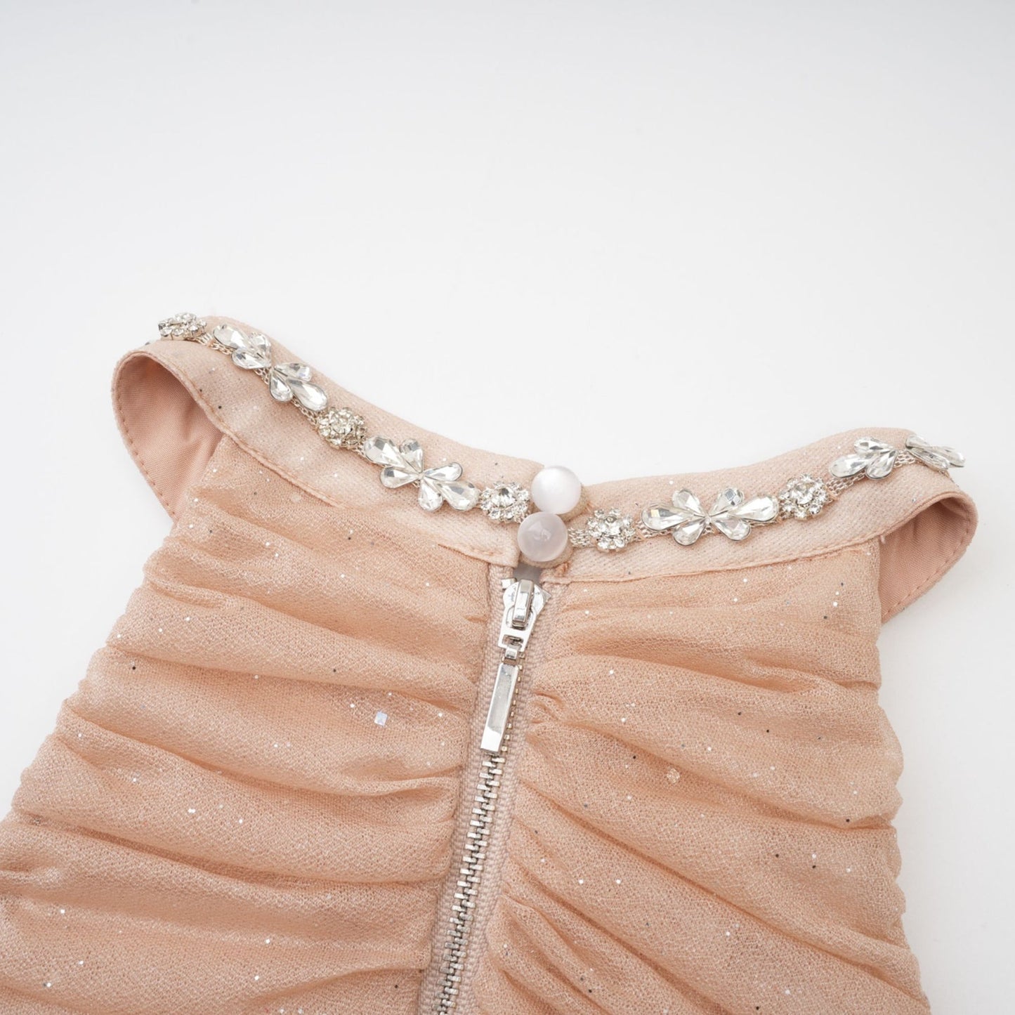 Sleeveless dress with crystal embellishment ruched detailing and a flared skirt % 80% Polyester 20% Cotton