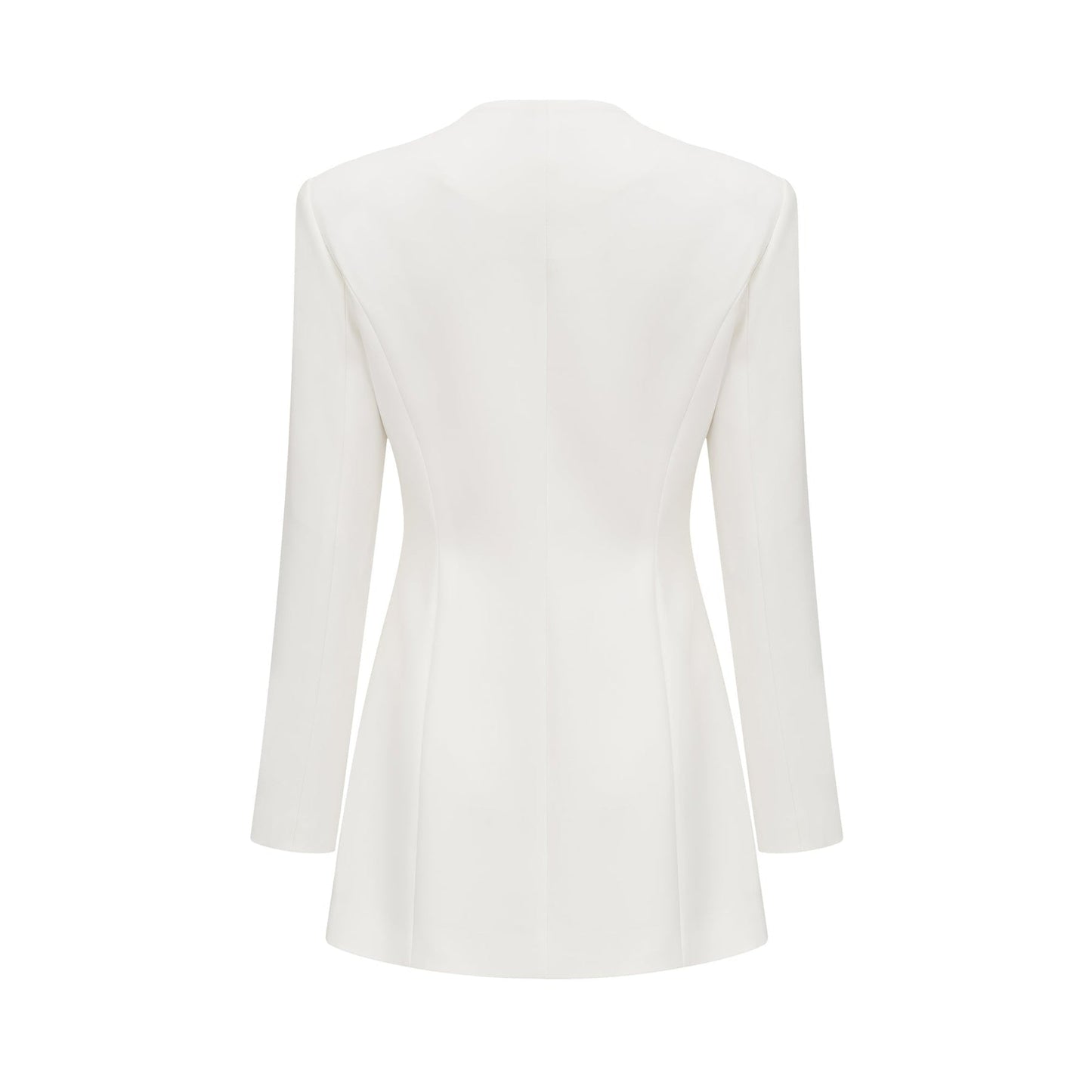 A short white mini dress adorned with crystal embellishments featuring a fitted silhouette and sparkling details