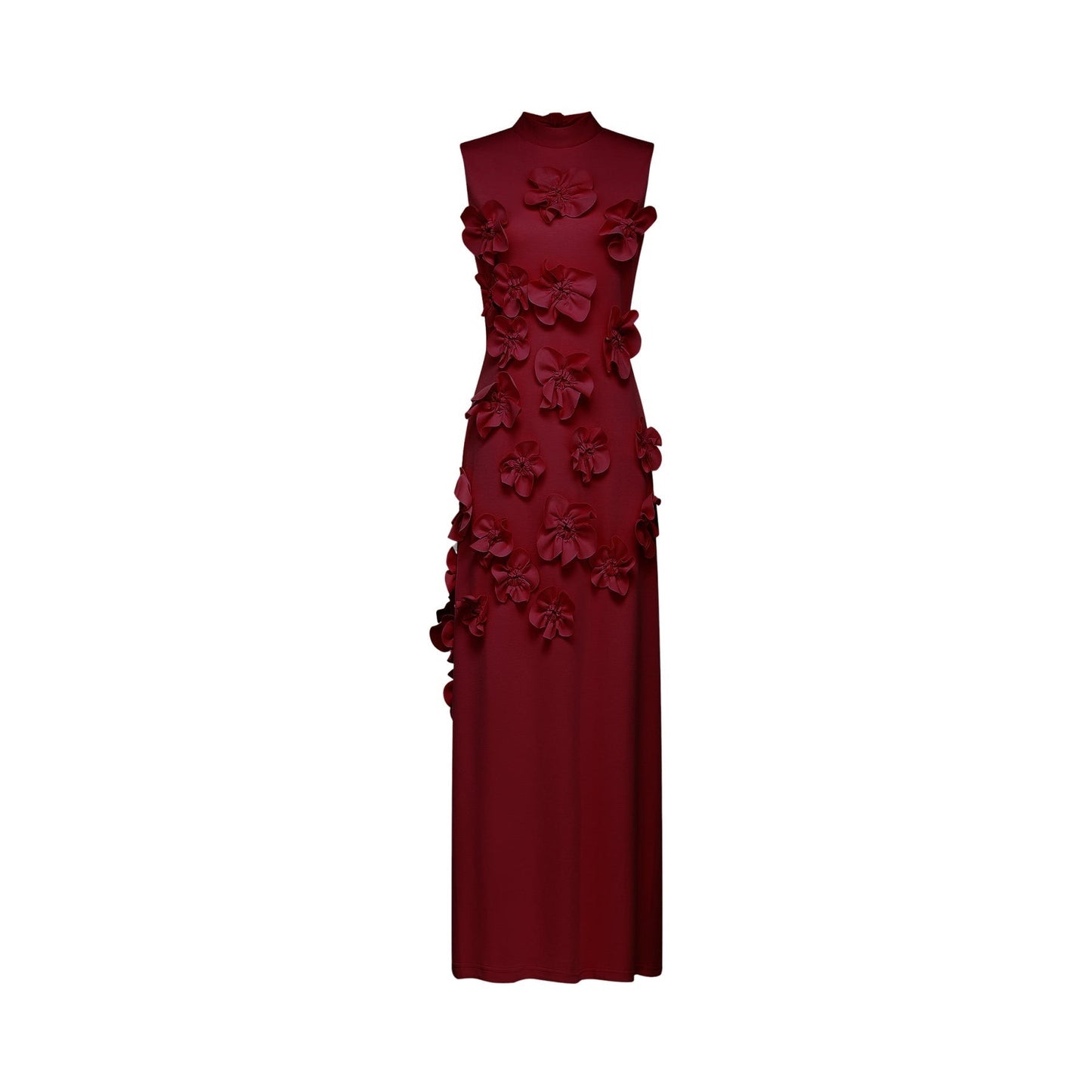 A sleeveless red maxi dress with a bow tie and faux flower embellishments featuring a long flowing skirt and fitted bodice