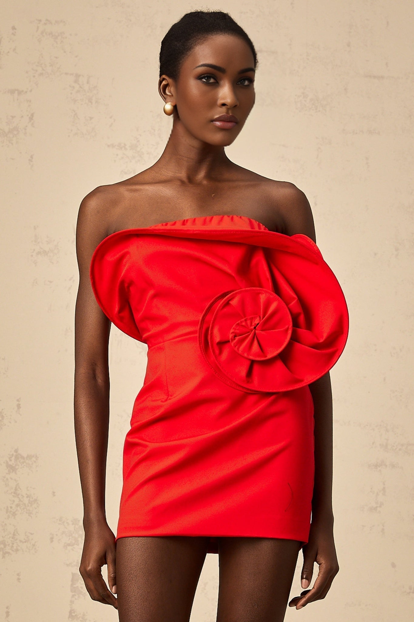 A vibrant red mini dress with an offshoulder neckline featuring a large sculptural rose detail on the bodice creating a romantic and eyecatching silhouette