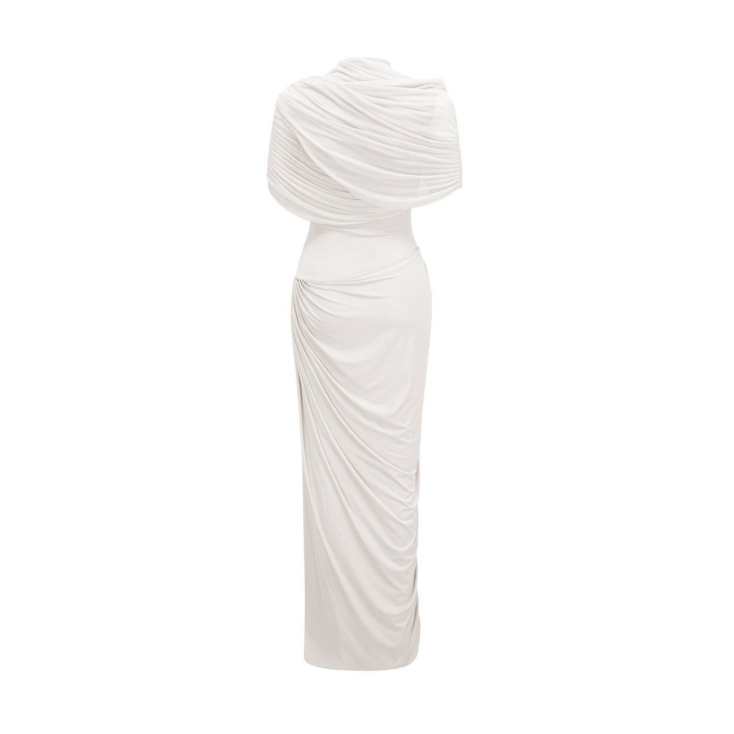 A white asymmetric pleated maxi dress named Catherine shown on a model or mannequin