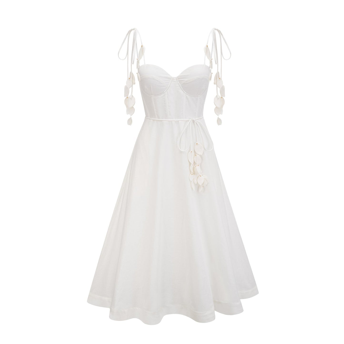 A white corset midi dress with a fitted bodice and flared skirt worn by a model against a plain background