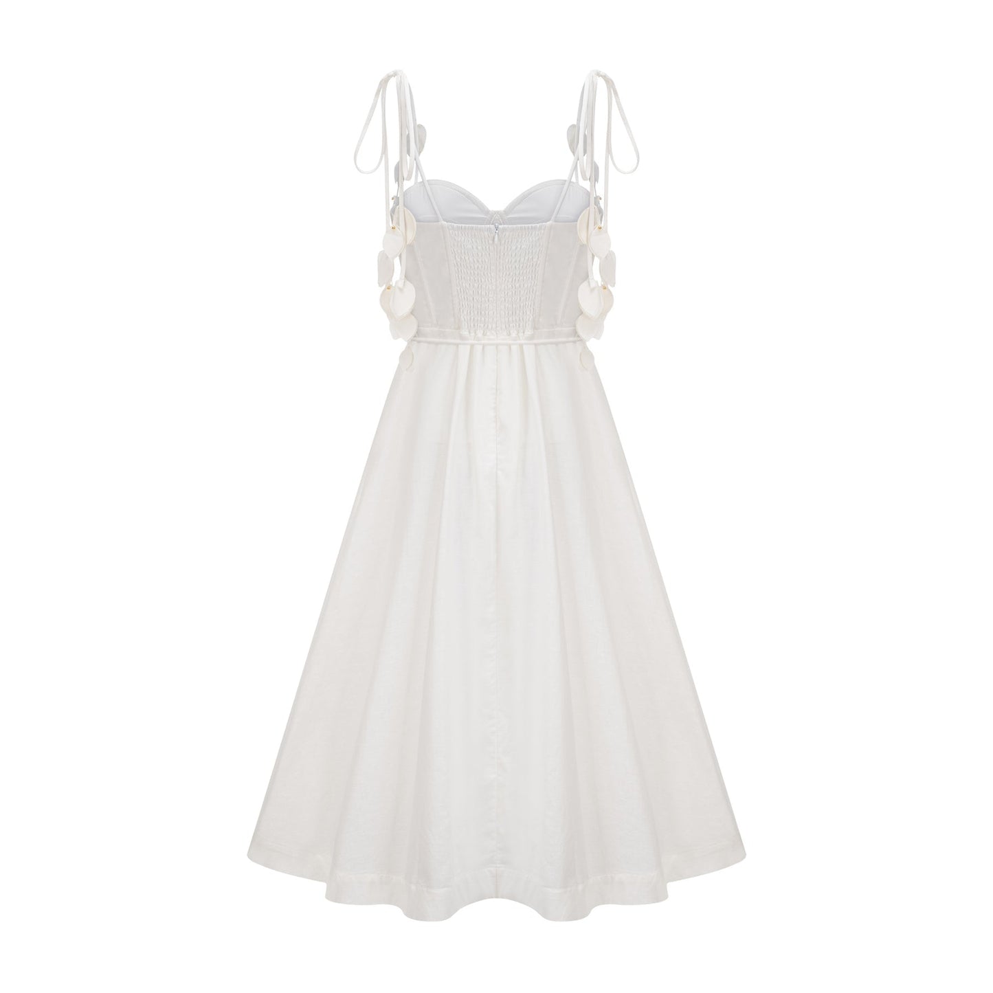 A white corsetstyle midi dress with a fitted bodice and flared skirt named Helene