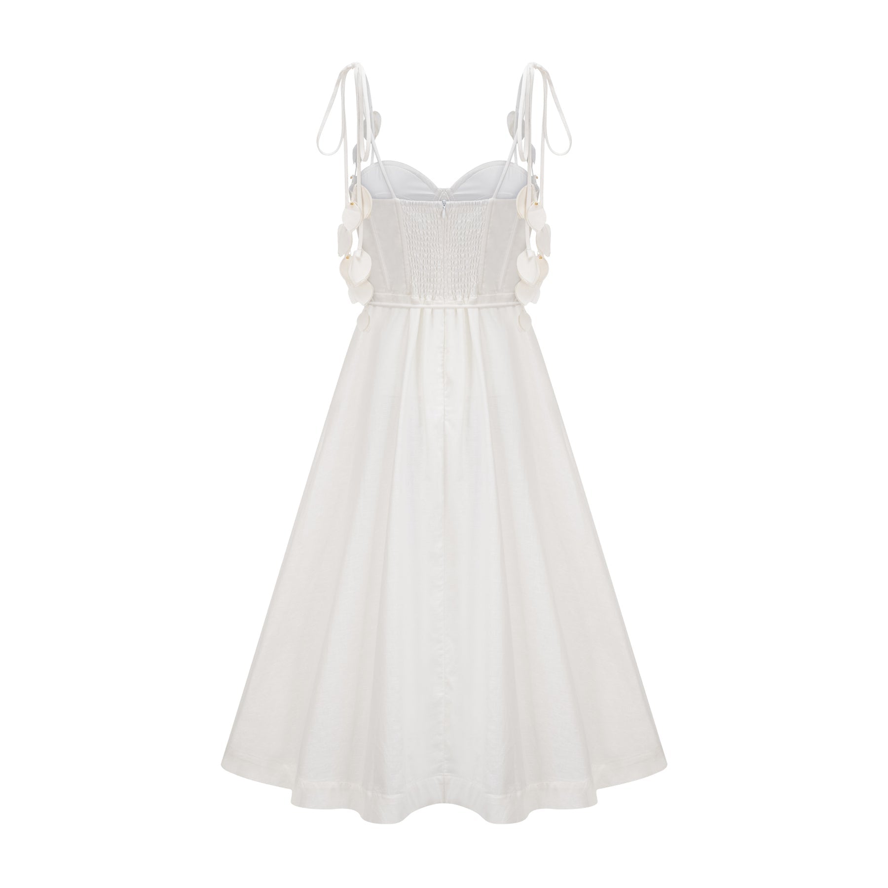A white corsetstyle midi dress with a fitted bodice and flared skirt named Helene