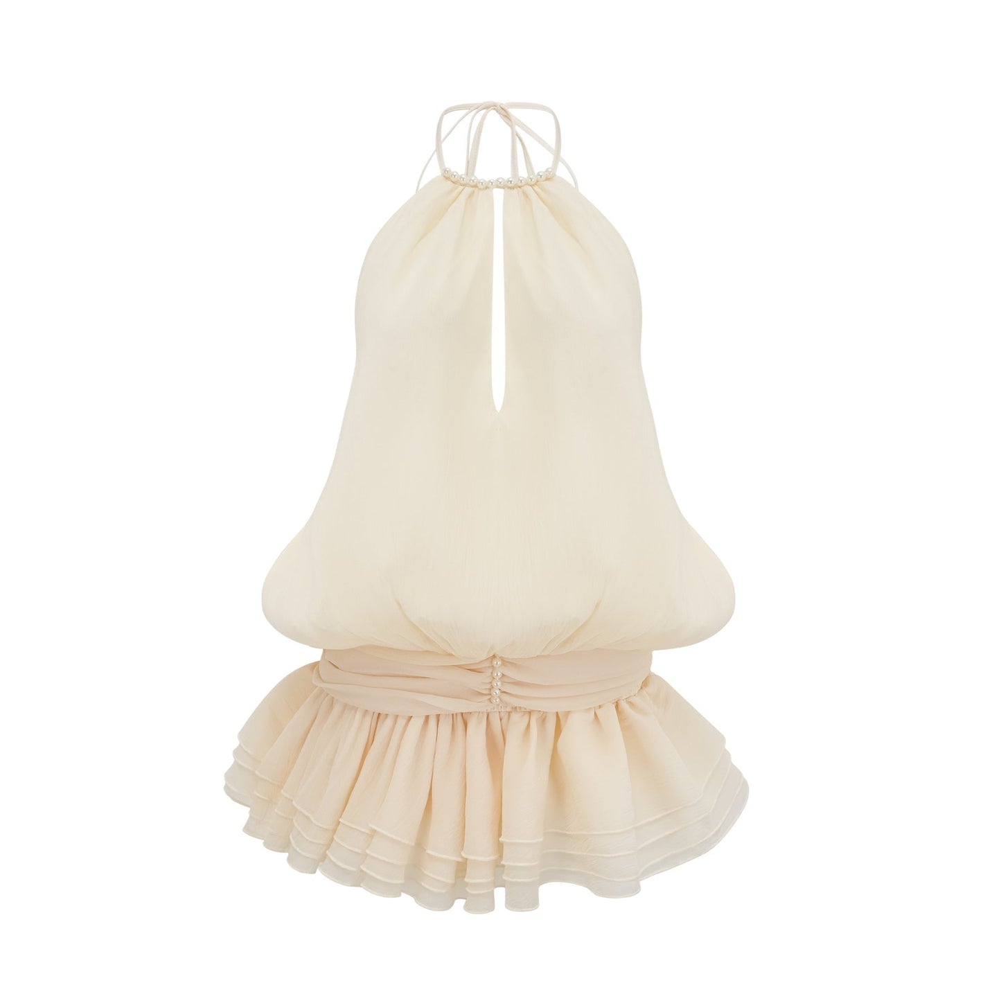 A white halterneck mini dress with faux pearl embellishments named Berenice