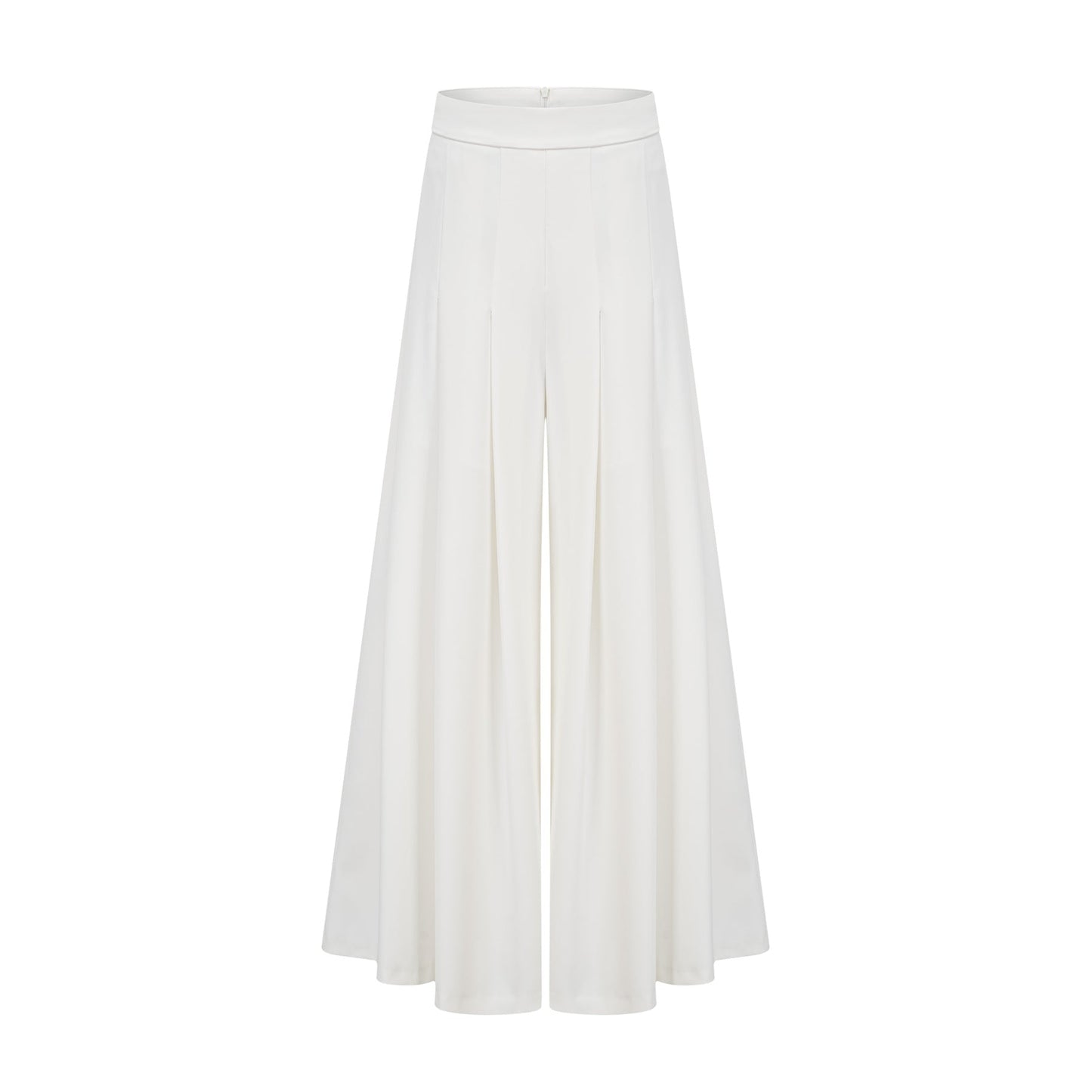 A white matching set featuring a creased top and trousers worn by a model standing against a plain background
