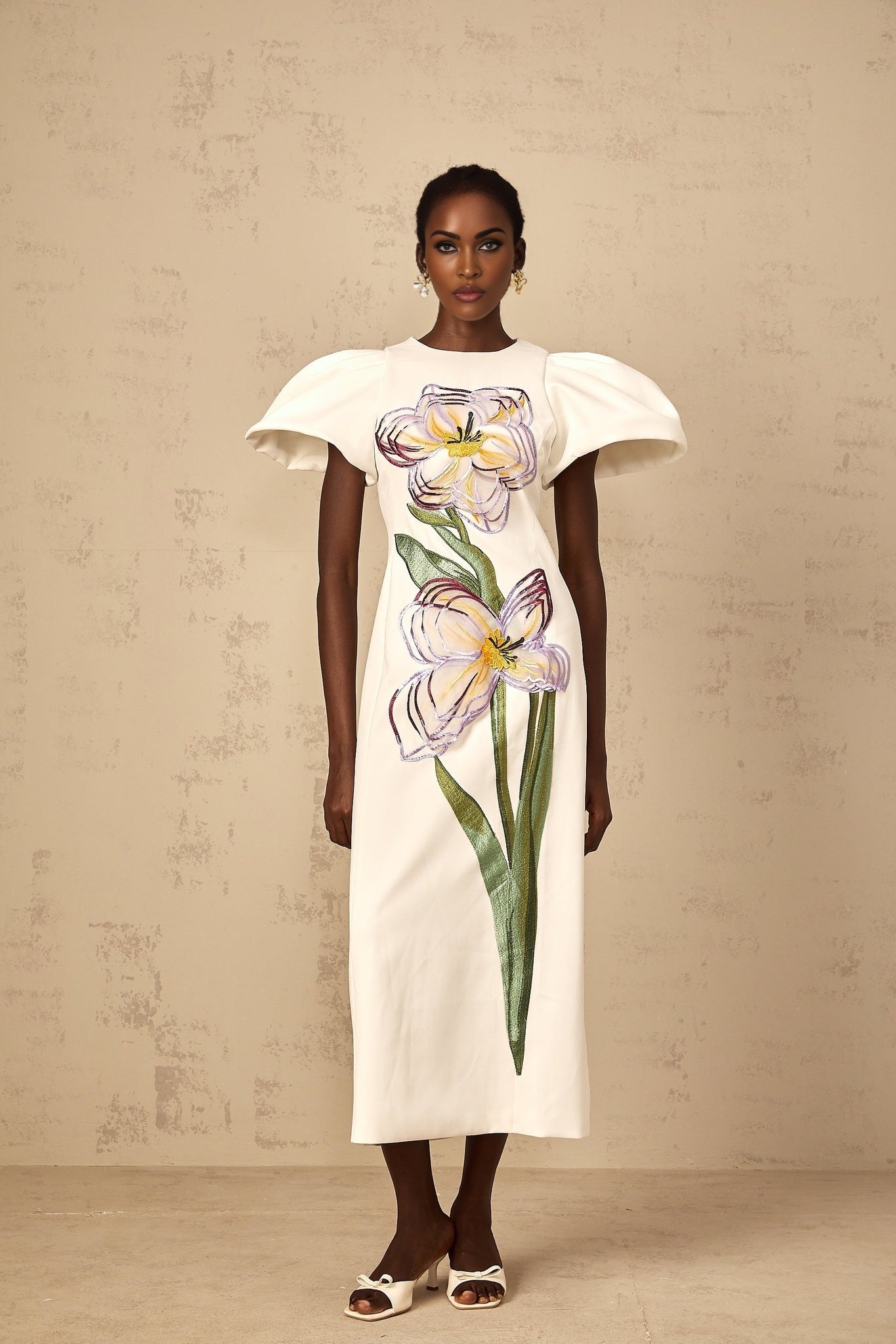 A white midi dress for women featuring sequin floral embroidery details