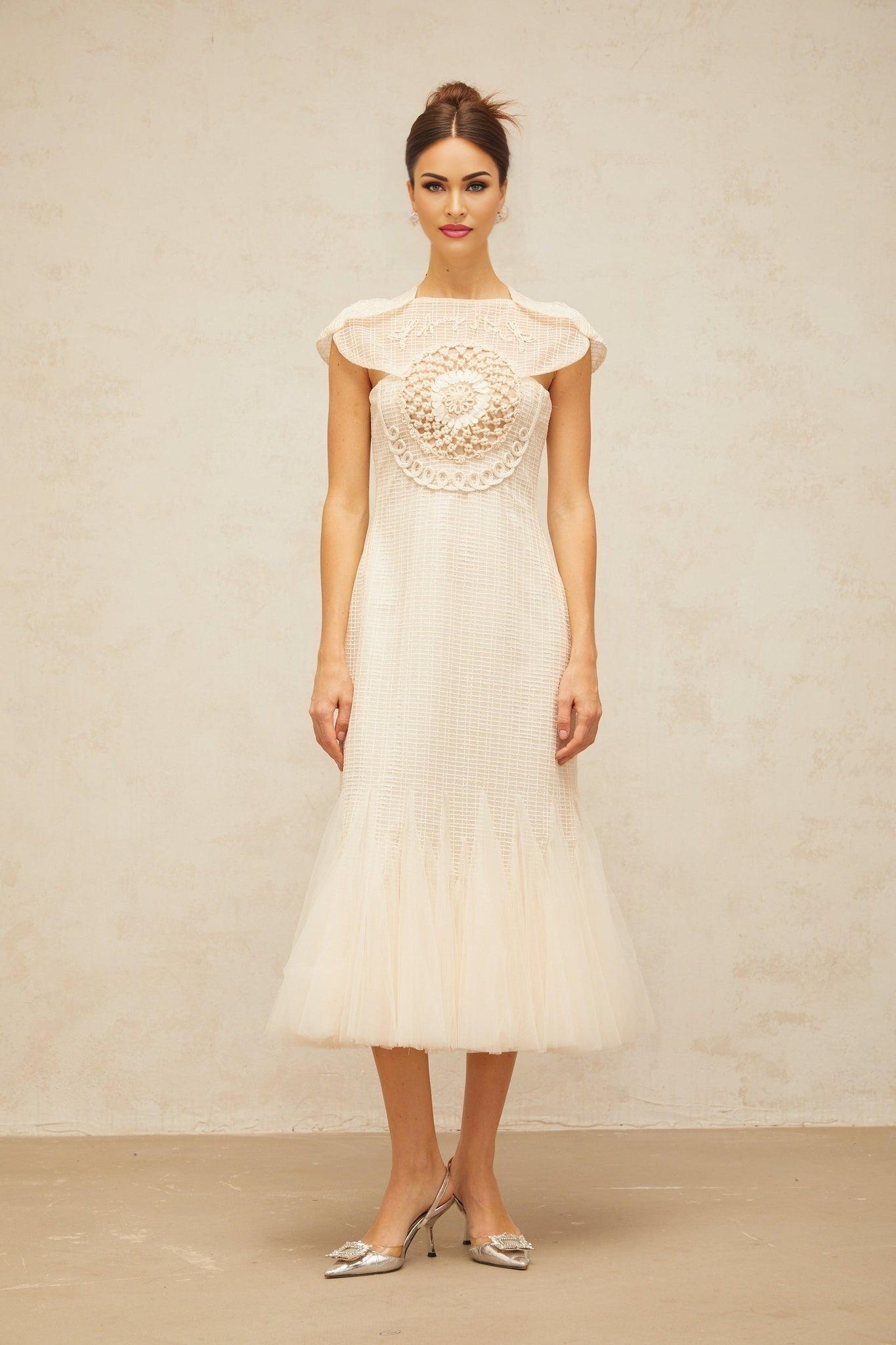 A white midi dress with jacquard fabric and tulle panels named Berengere