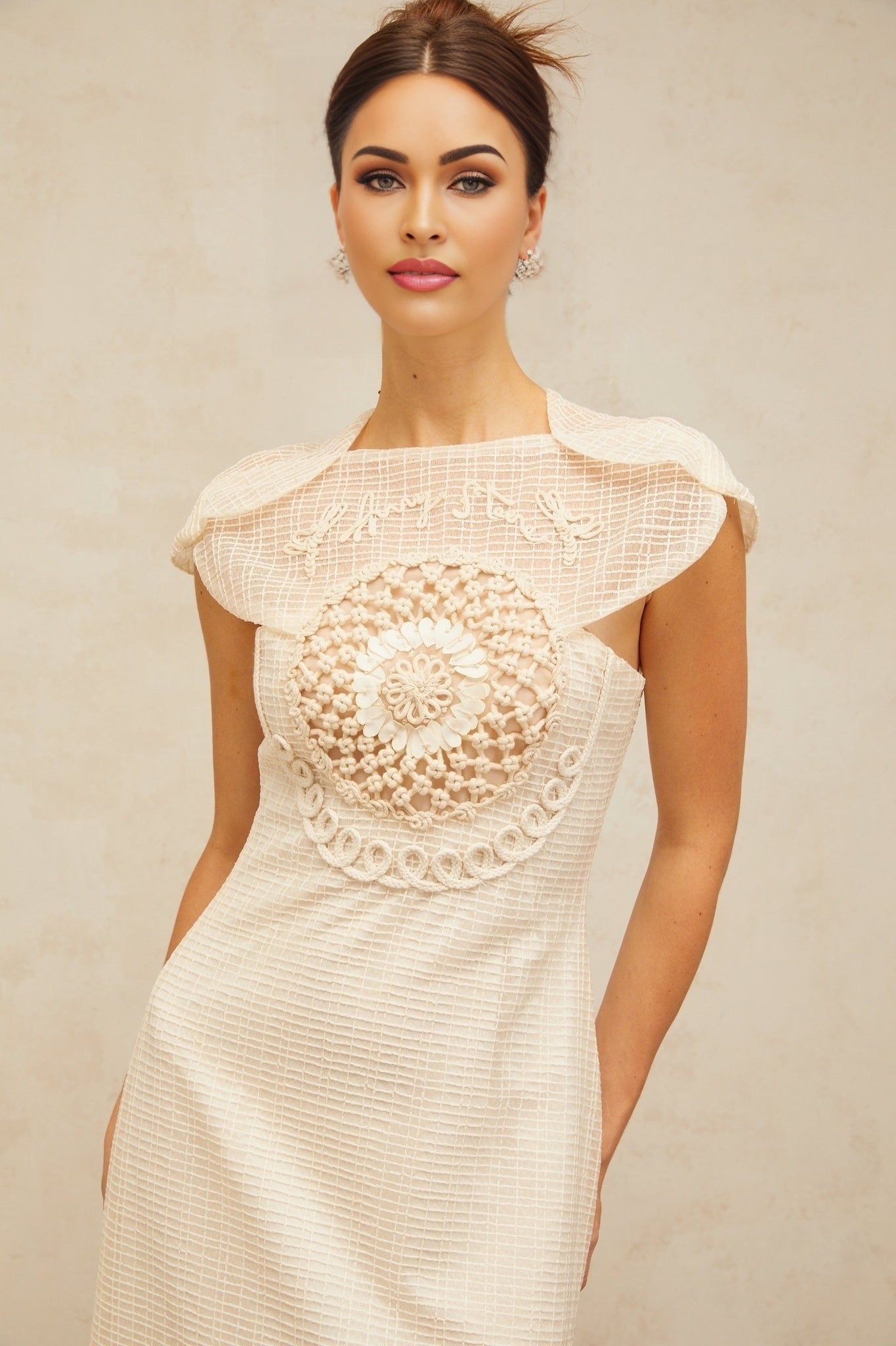A white midi dress with jacquard pattern and tulle panel details named Bérengère