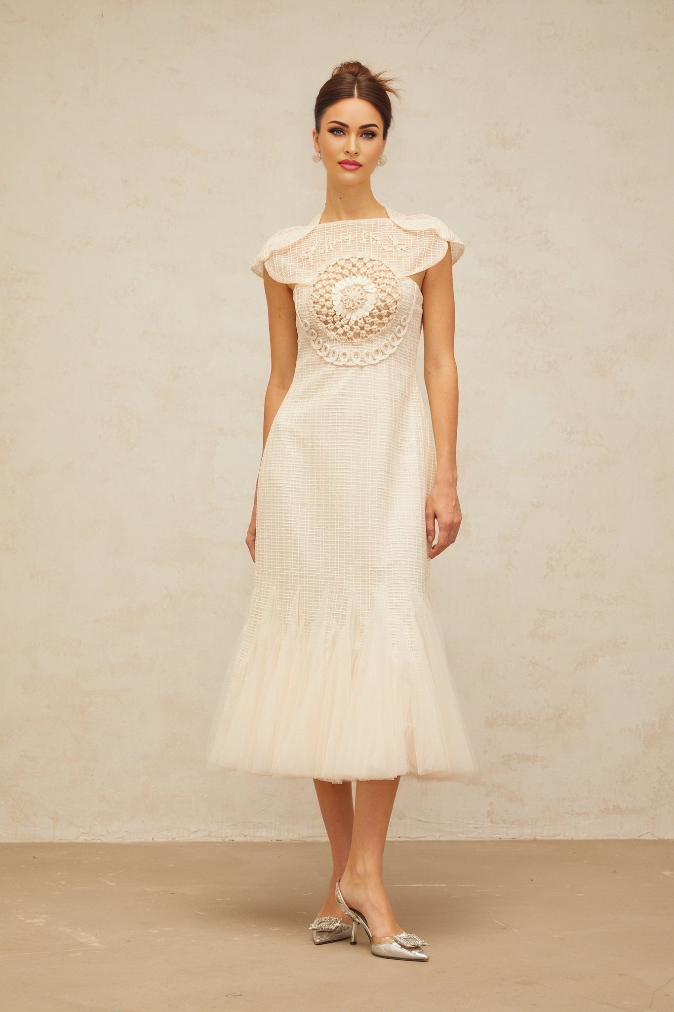 A white midi dress with jacquard pattern and tulle panels named Berengere