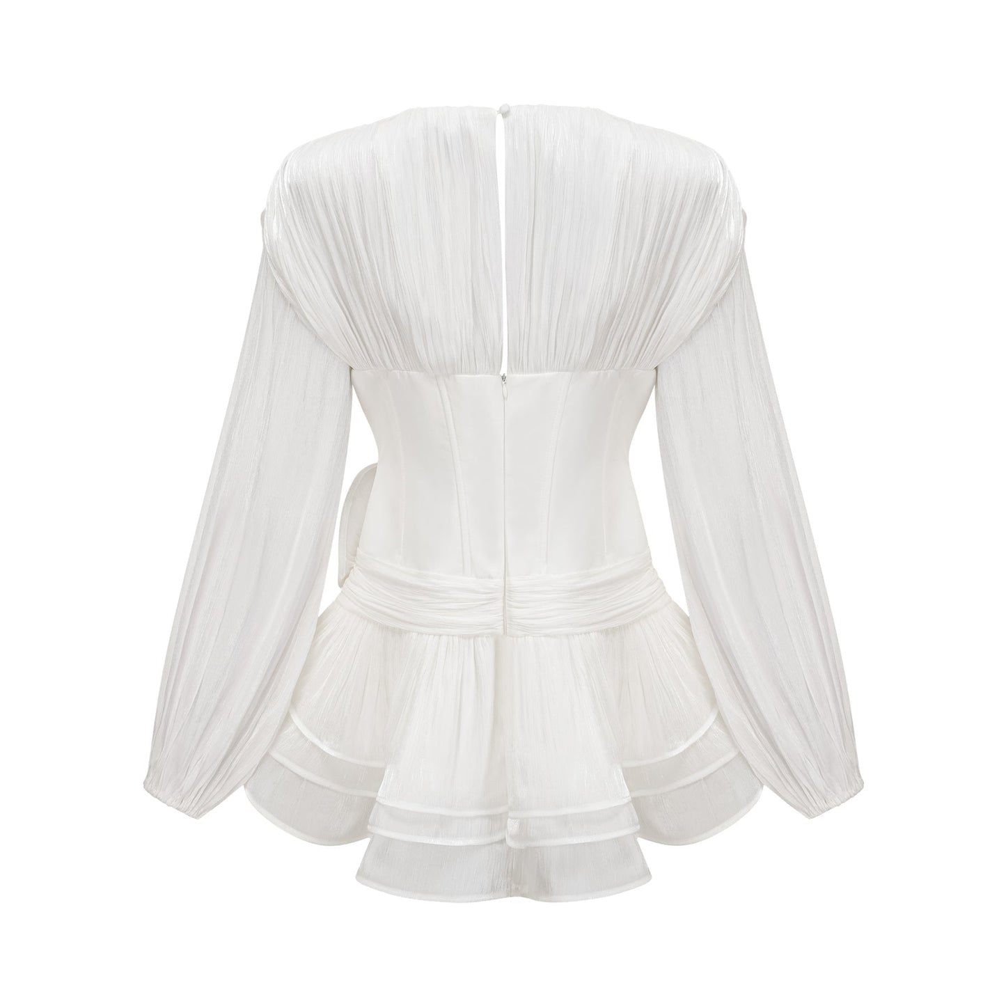 A white mini dress with full pleats and a cinched waist featuring a rosier design