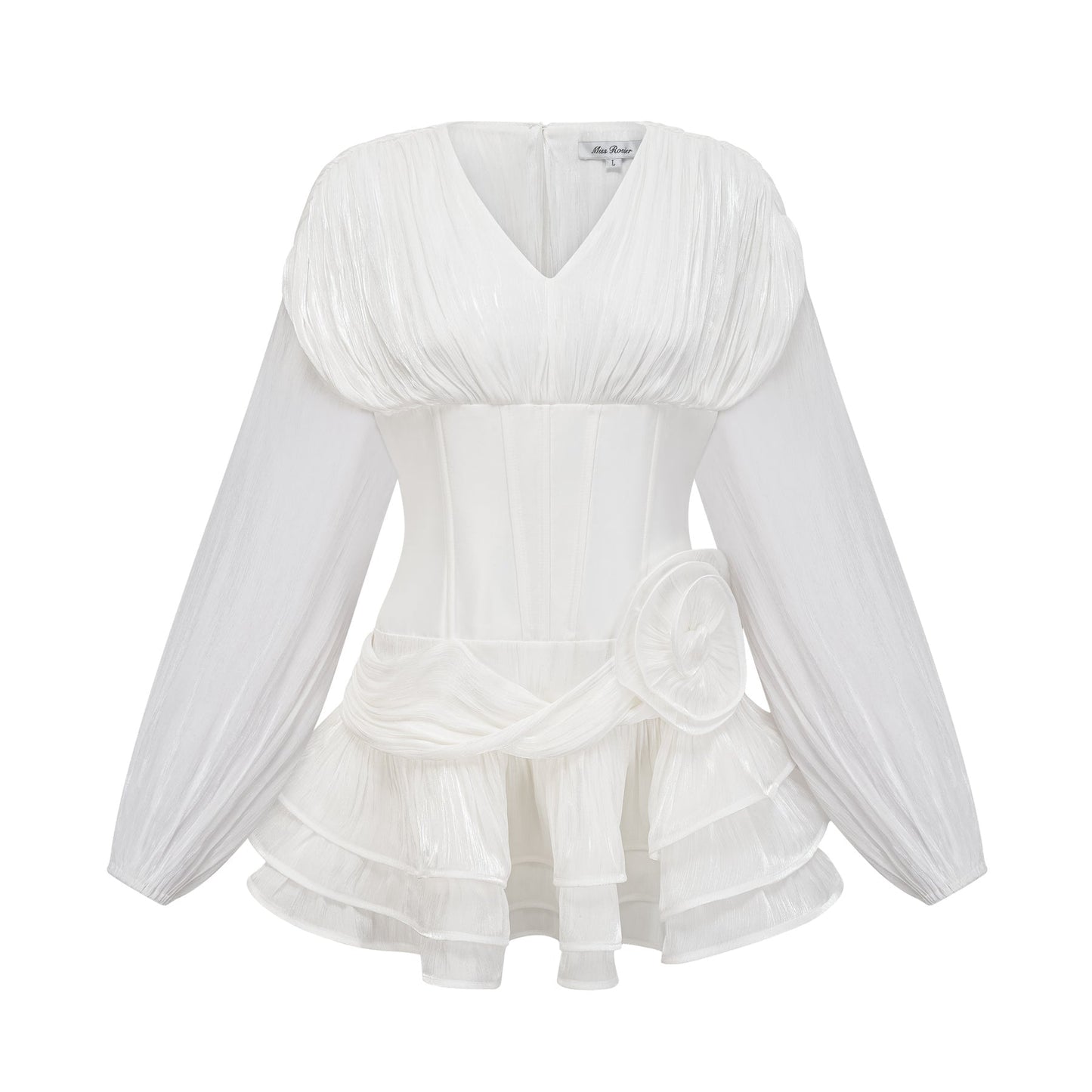 A white mini dress with full pleats and a cinched waist featuring a rosier style design