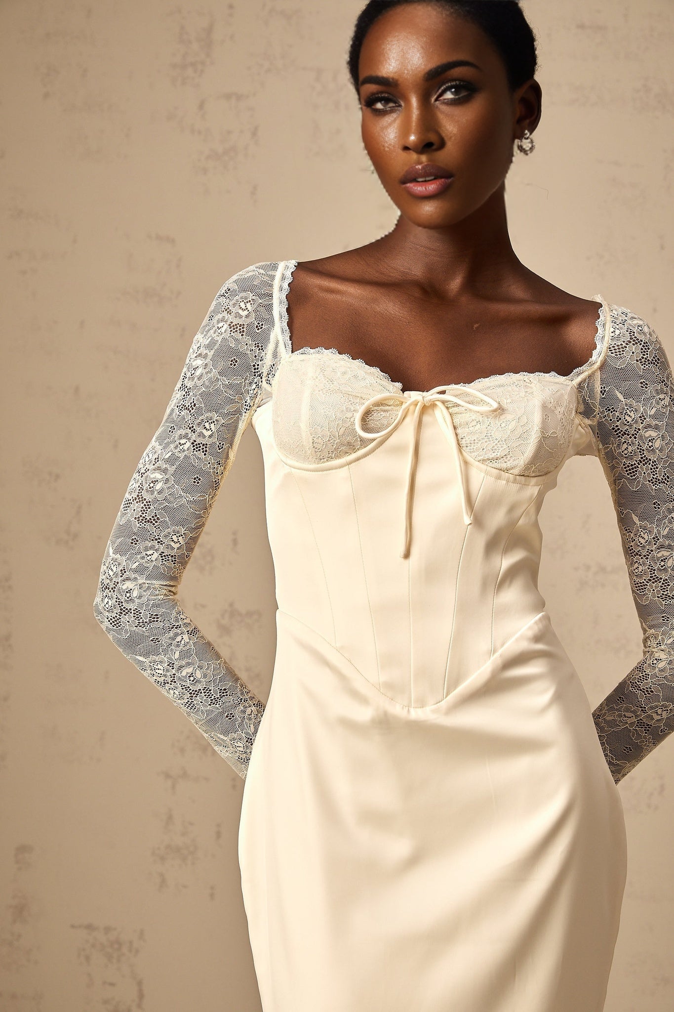 A white satin midi dress with lace panel details named Aurore