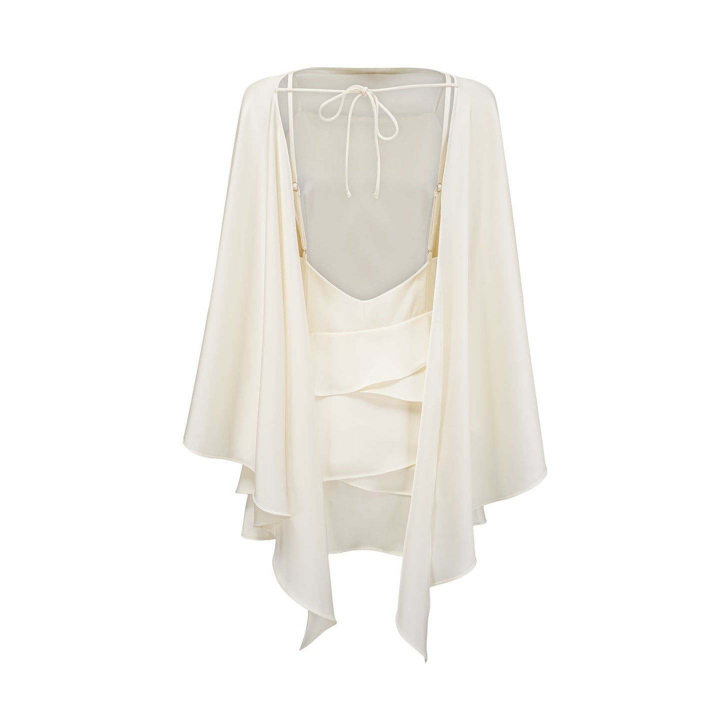 A white satin mini dress with ruffled details and a shawl panel accessory
