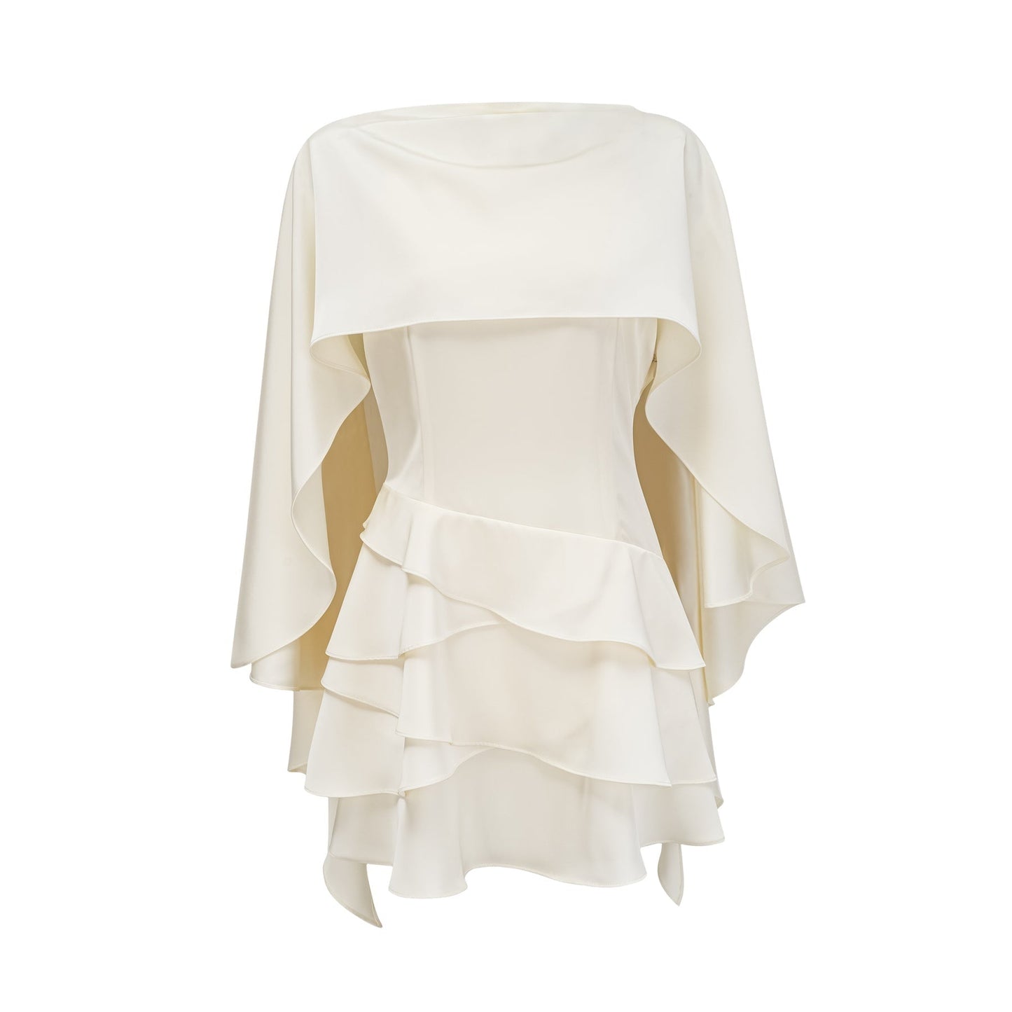 A white satin mini dress with ruffled details and a shawl panel featuring a sleek and elegant design perfect for formal occasions