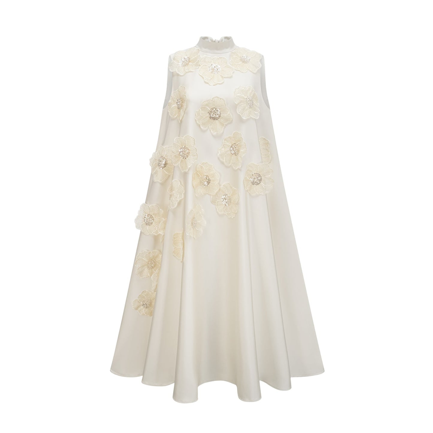 A white sleeveless midi dress with floral applique details named Émilie