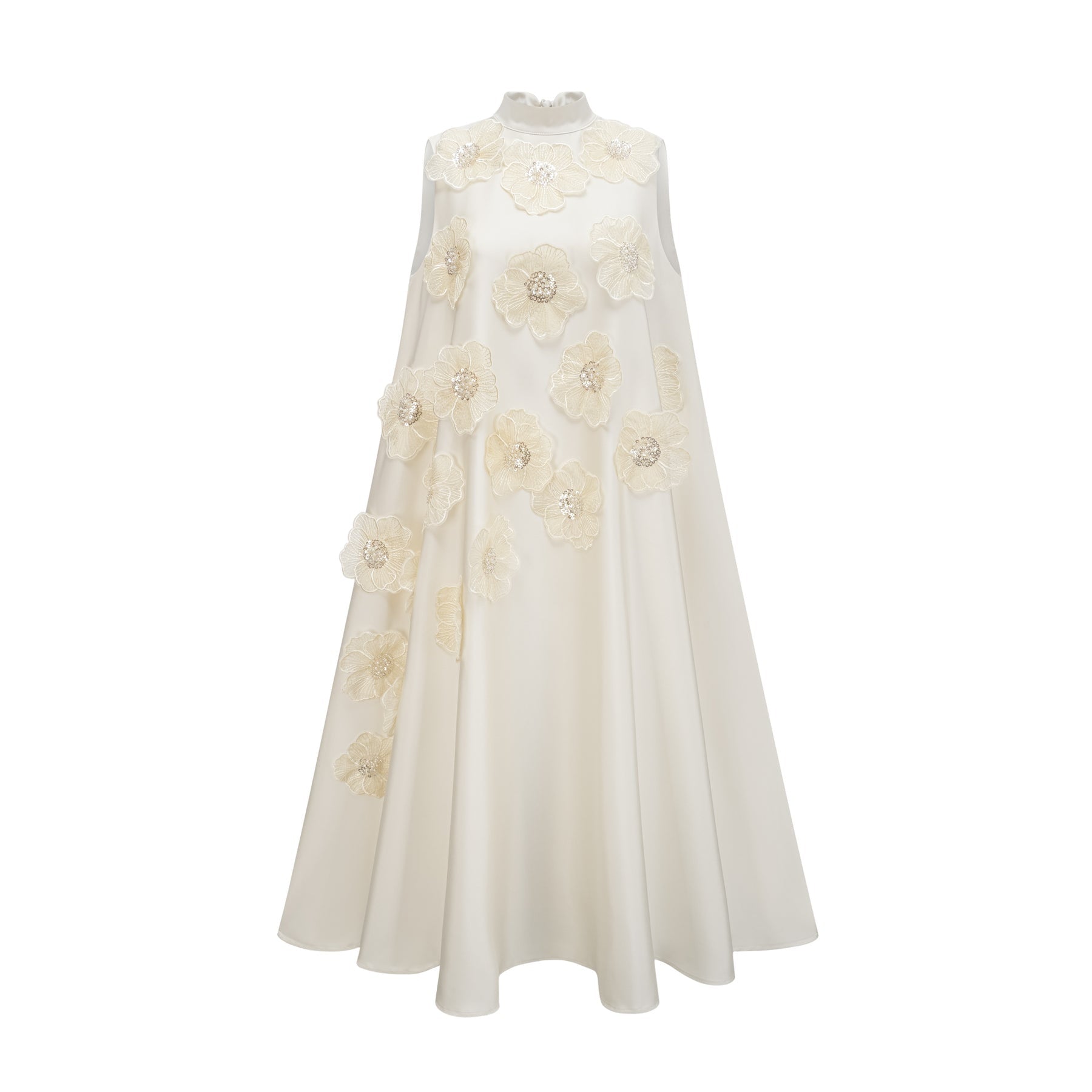 A white sleeveless midi dress with floral applique details named Émilie