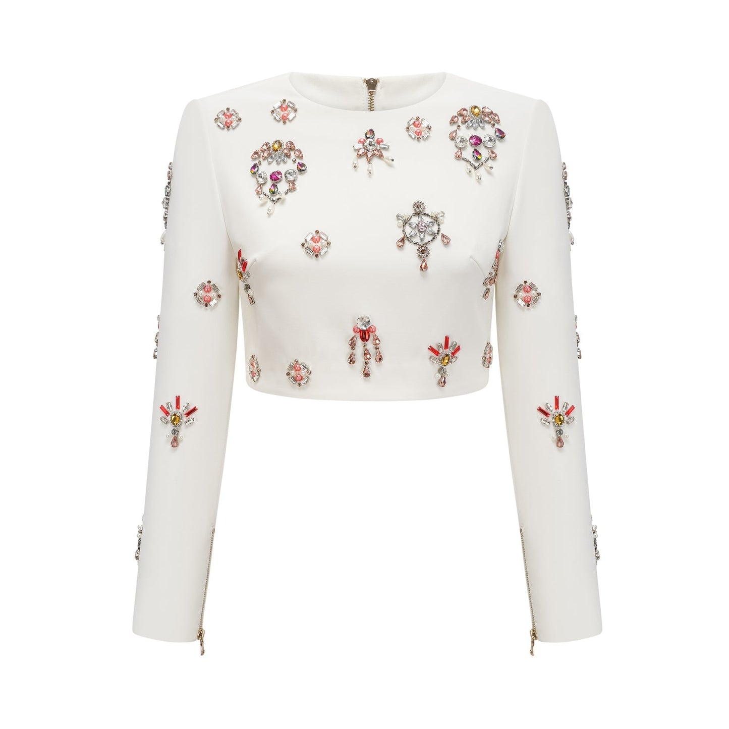 A white twopiece outfit consisting of a top and skirt adorned with crystal embellishments The set features a sleeveless top and a matching skirt both decorated with shimmering crystals in a delicate pattern The ensemble is named Jeanne and appears elegant and formal