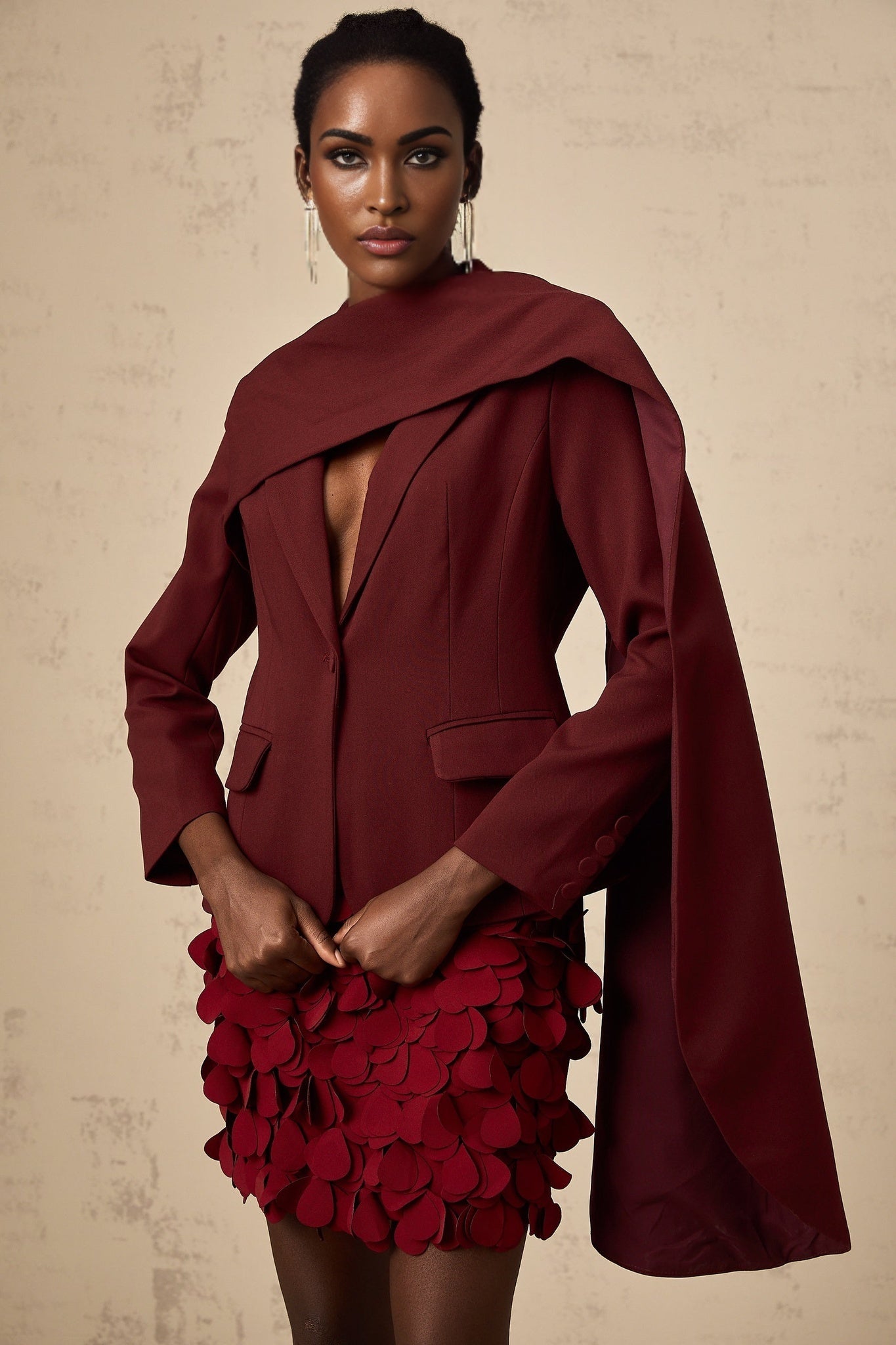 A winecolored jacket with shawl details named Coralie