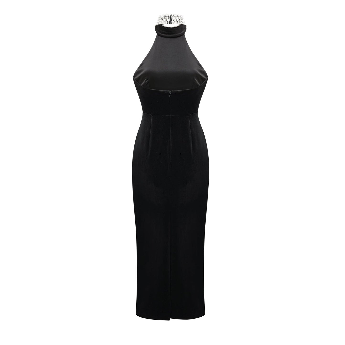 Black anklelength dress with embellished crystal turtle neck sleeveless featuring a roll neck and side slit rear zip fastening Made of 100% Polyester