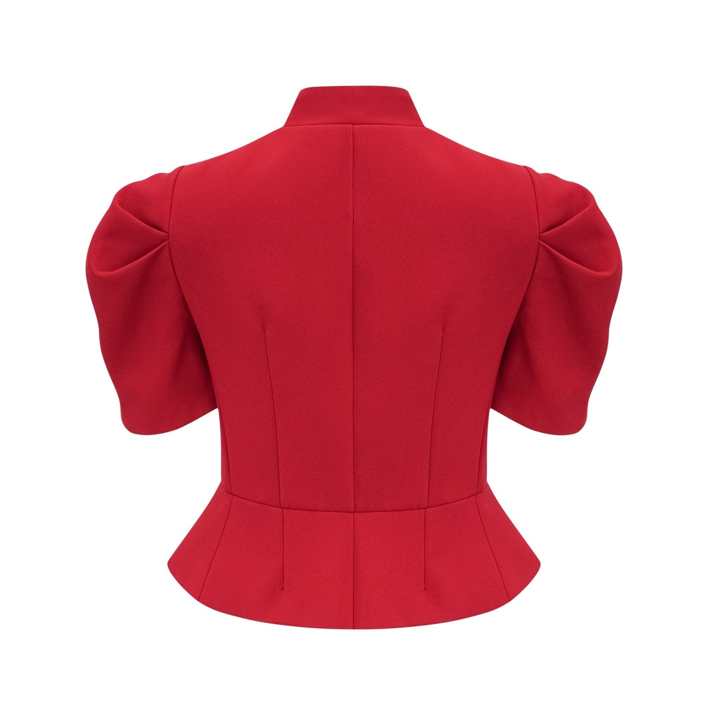 A woman wearing a bright red matching set consisting of a pleated blouse and skirt The blouse has long sleeves and a high neckline while the skirt falls to midi length with pleats throughout The outfit creates a stylish and coordinated look